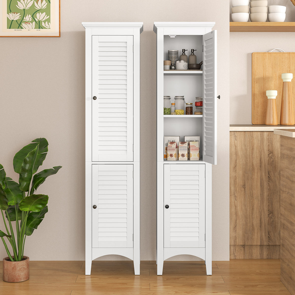 Tall Bathroom Floor Cabinet - 63" White Shutter Door Storage-Floor Cabinets-DECOROLALA