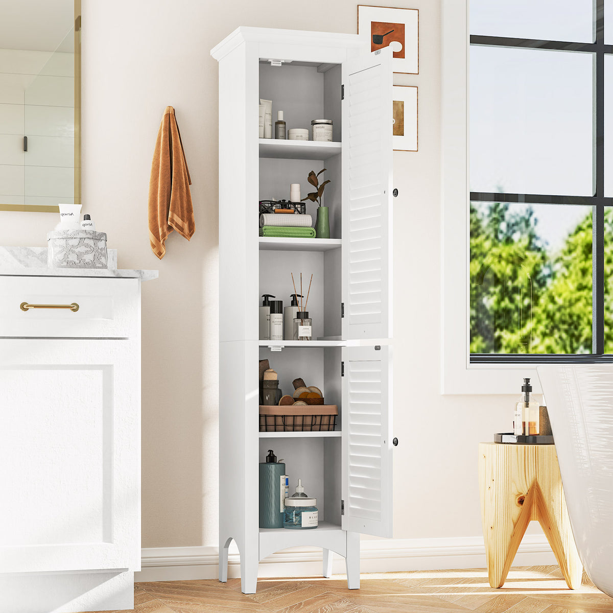 Tall Bathroom Floor Cabinet - 63" White Shutter Door Storage-Floor Cabinets-DECOROLALA