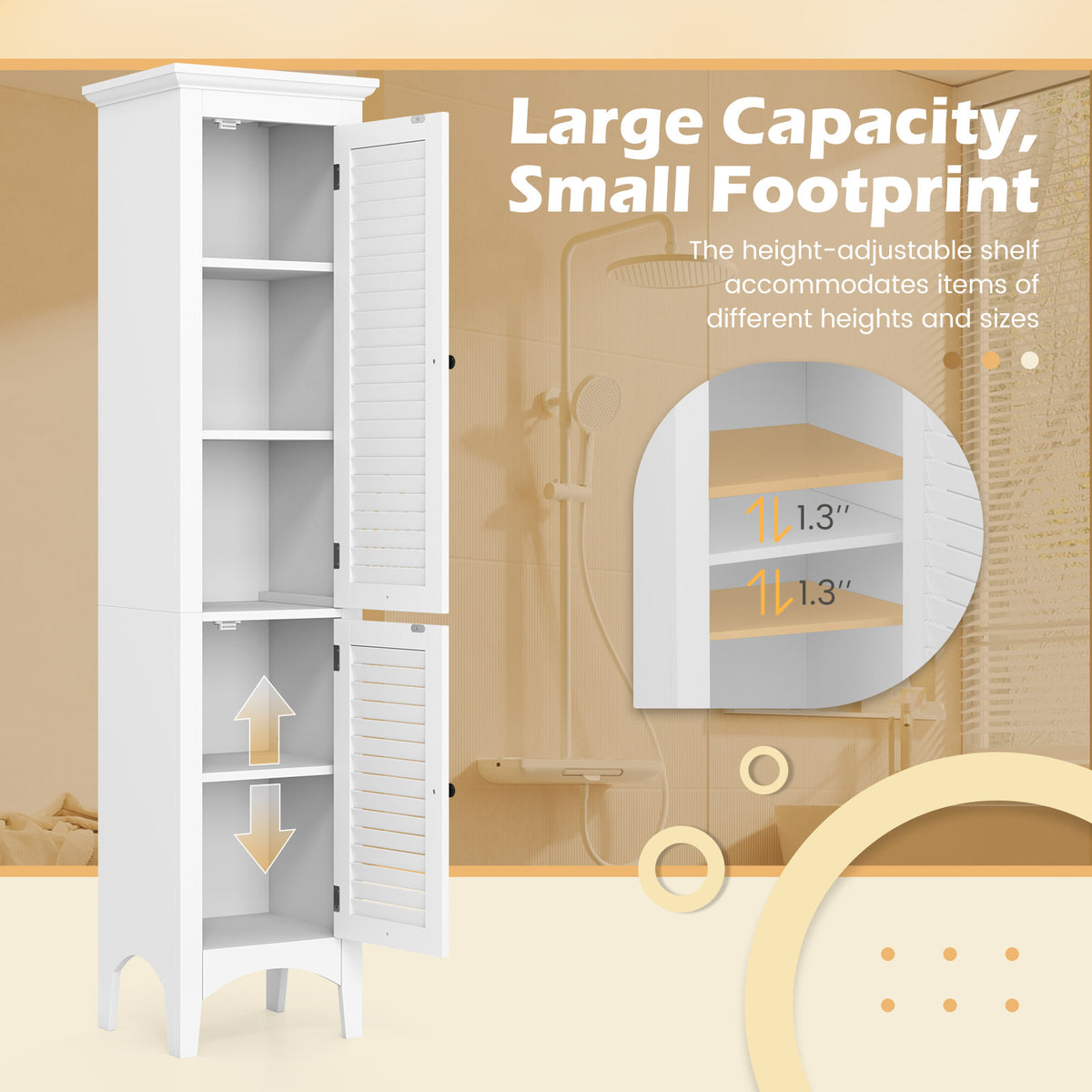 Tall Bathroom Floor Cabinet - 63" White Shutter Door Storage-Floor Cabinets-DECOROLALA