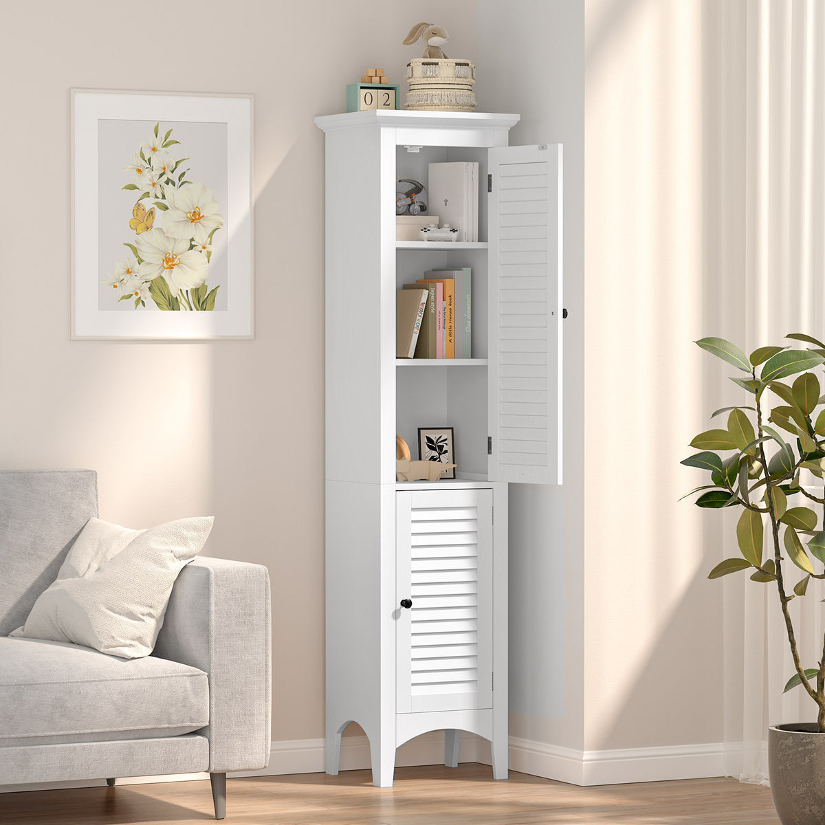 Tall Bathroom Floor Cabinet - 63" White Shutter Door Storage-Floor Cabinets-DECOROLALA