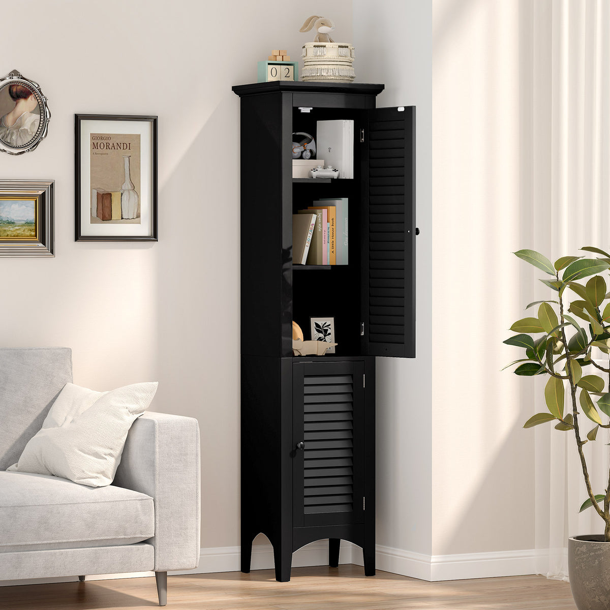 Tall Bathroom Floor Cabinet - Black 63" Shutter Door MDF-Floor Cabinets-DECOROLALA