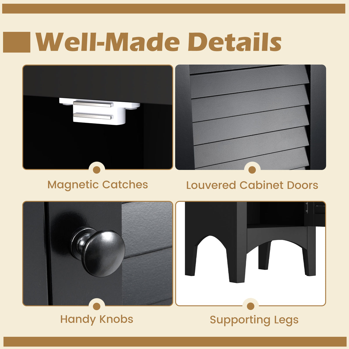 Tall Bathroom Floor Cabinet - Black 63" Shutter Door MDF-Floor Cabinets-DECOROLALA
