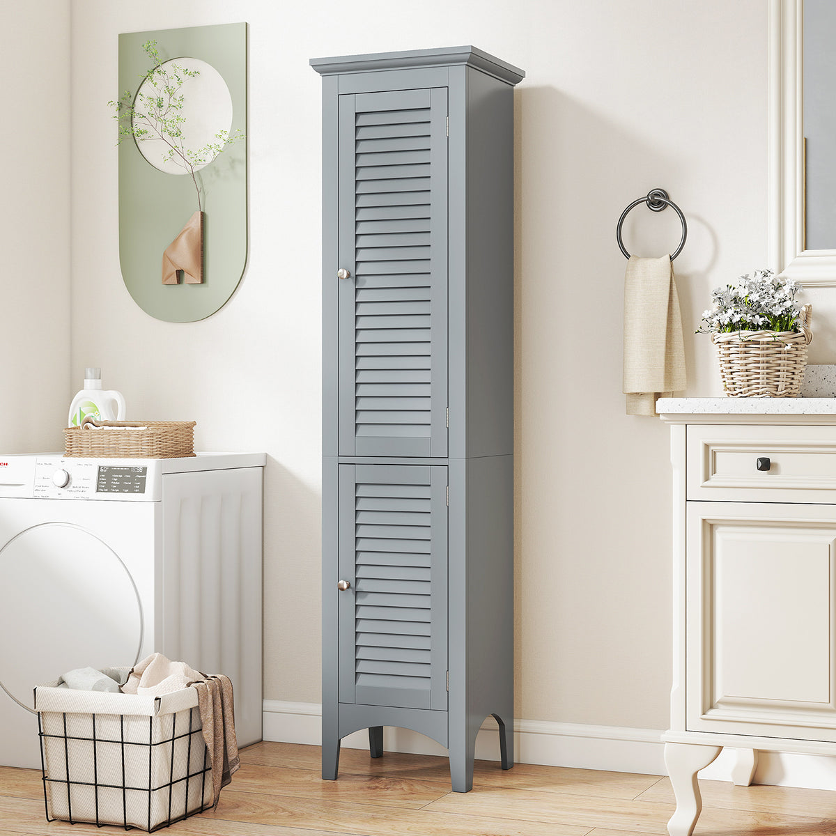 Tall Bathroom Floor Cabinet - Gray 63" Narrow Storage Unit-Floor Cabinets-DECOROLALA