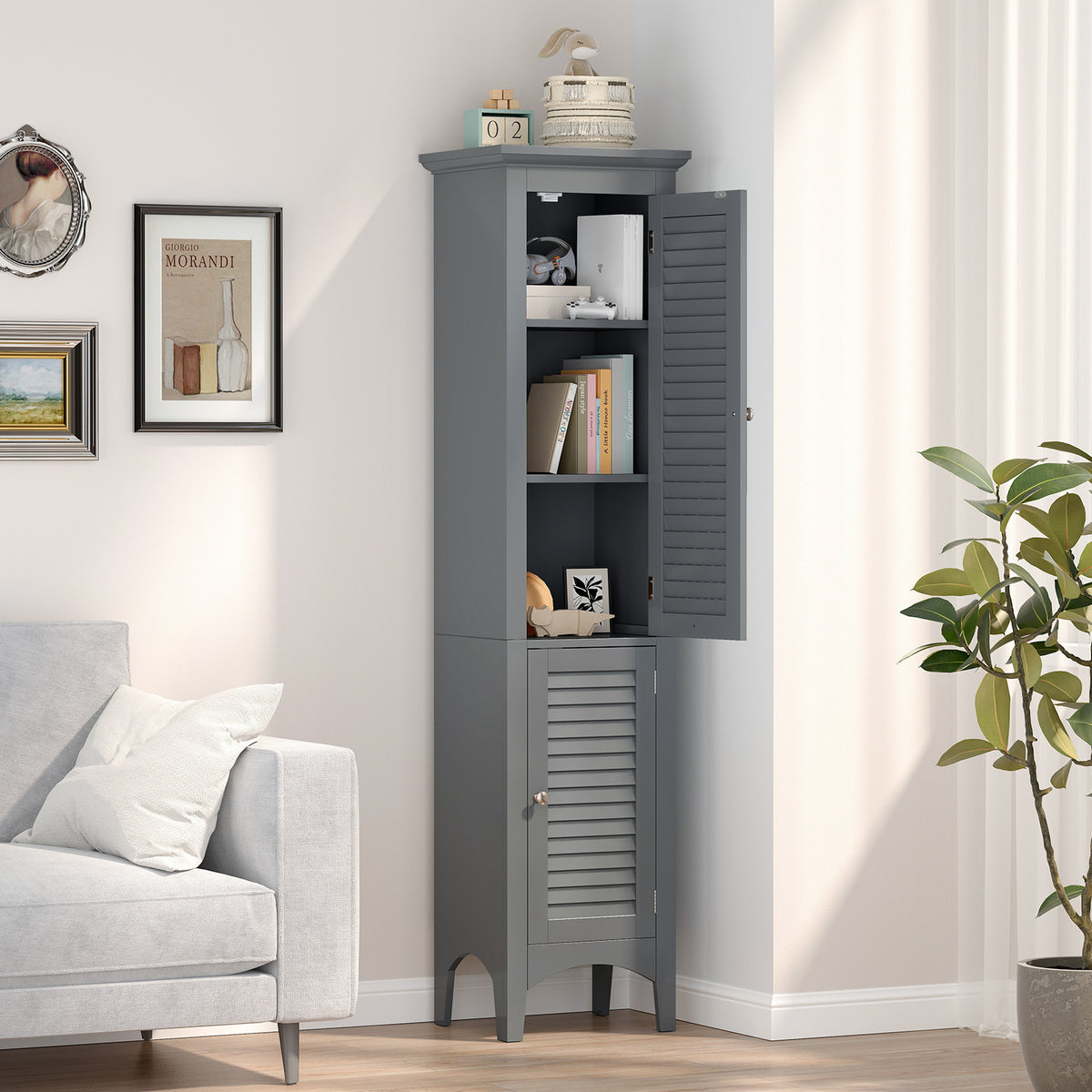 Tall Bathroom Floor Cabinet - Gray 63" Narrow Storage Unit-Floor Cabinets-DECOROLALA