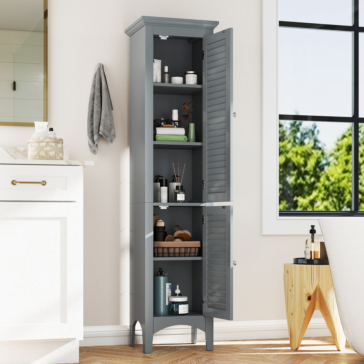 Tall Bathroom Floor Cabinet - Gray 63" Narrow Storage Unit-Floor Cabinets-DECOROLALA