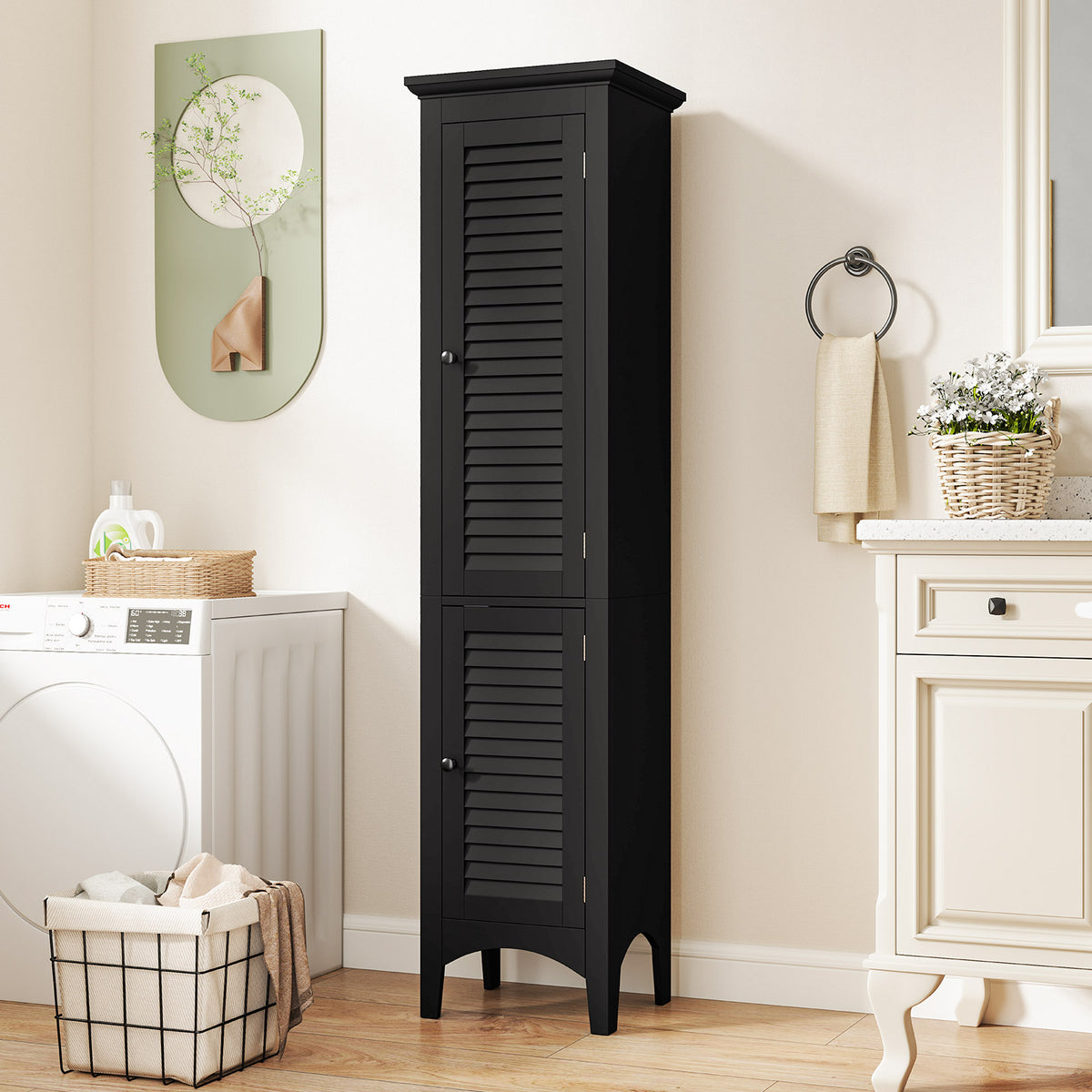 Tall Bathroom Floor Cabinet - Black 63" Shutter Door MDF-Floor Cabinets-DECOROLALA