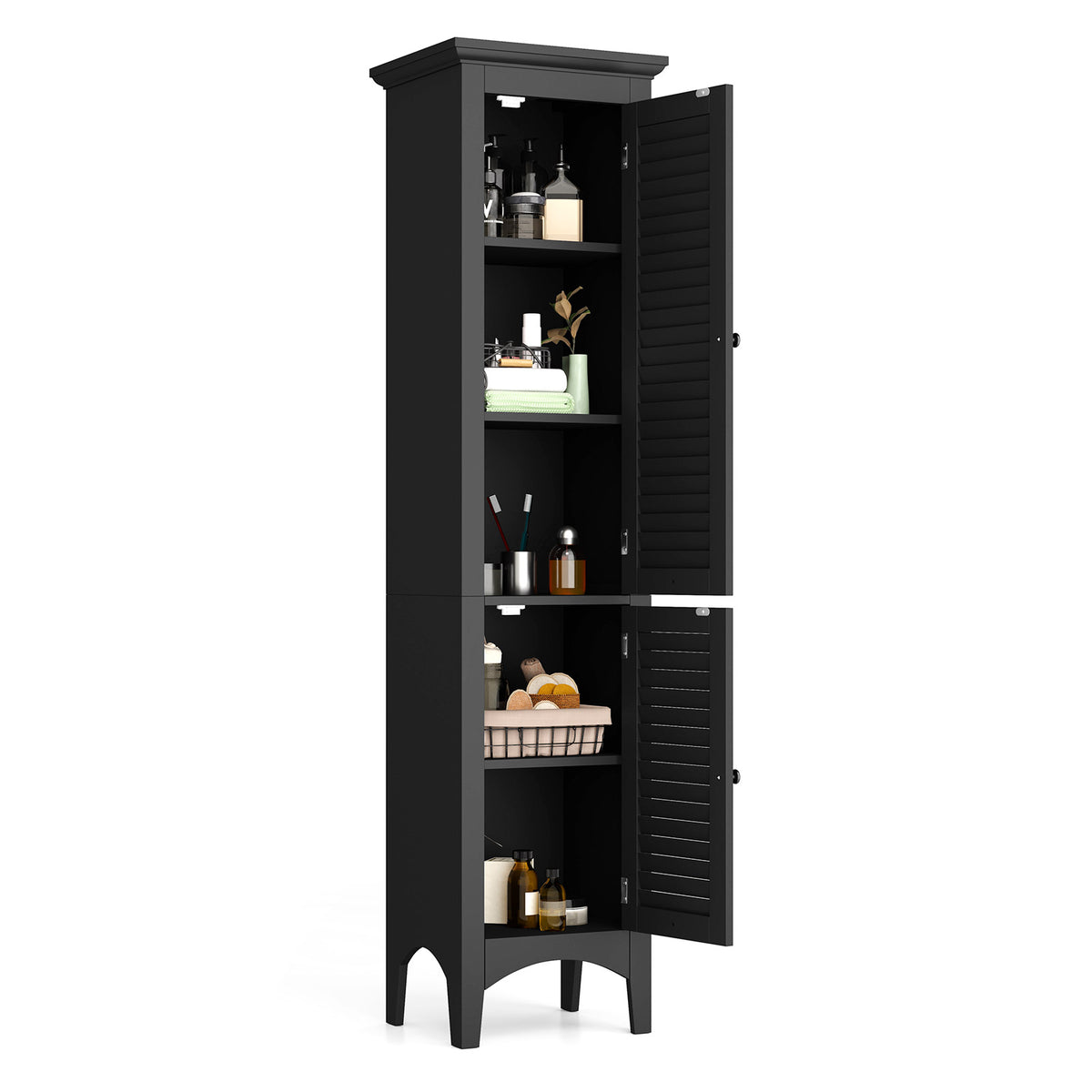 Tall Bathroom Floor Cabinet - Black 63" Shutter Door MDF-Floor Cabinets-DECOROLALA