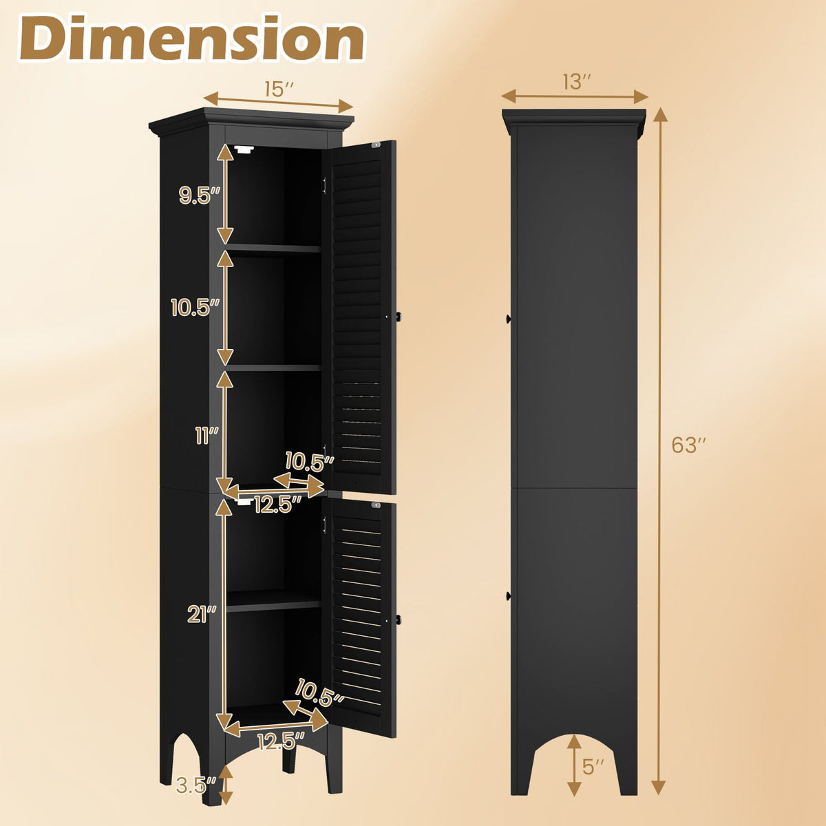 Tall Bathroom Floor Cabinet - Black 63" Shutter Door MDF-Floor Cabinets-DECOROLALA
