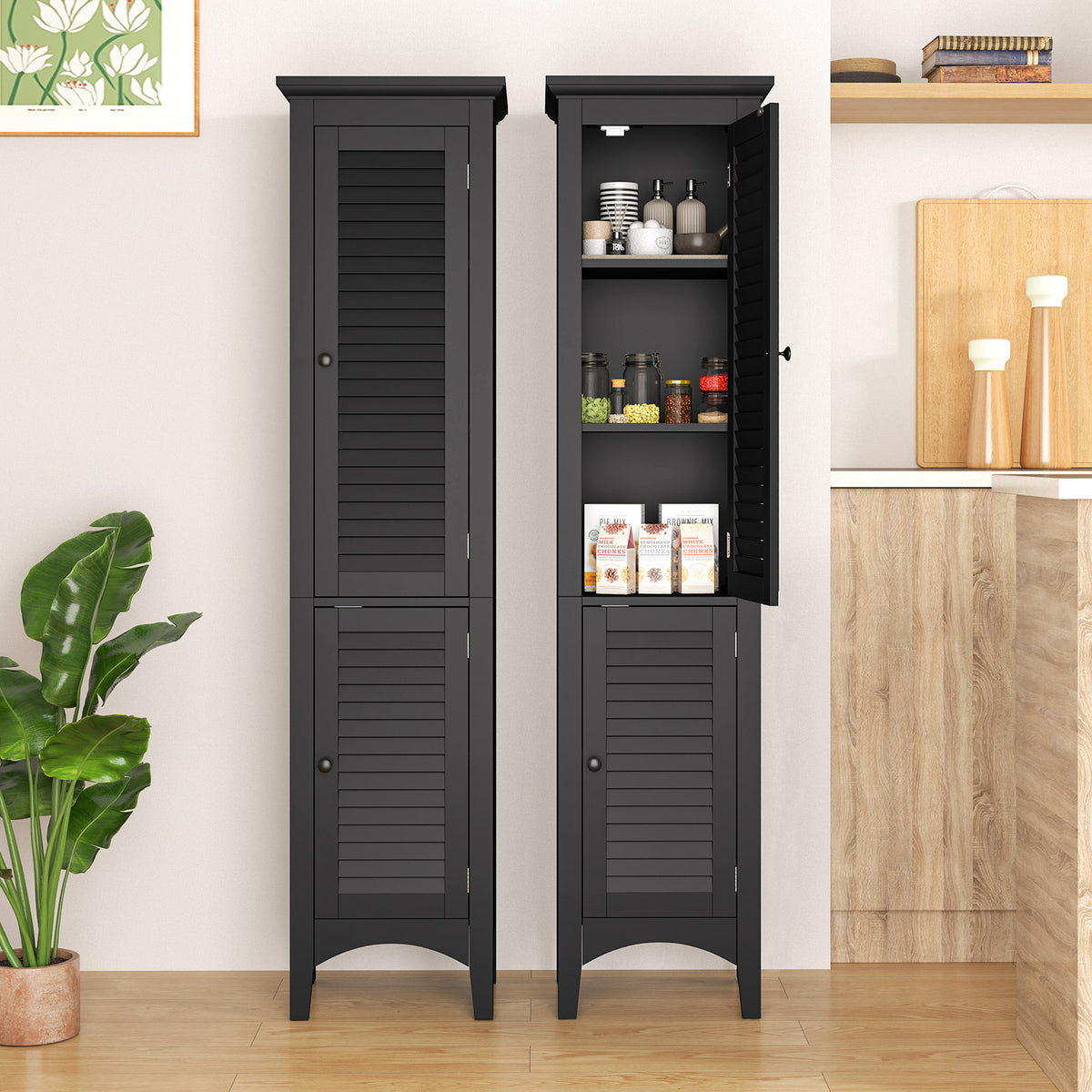 Tall Bathroom Floor Cabinet - Black 63" Shutter Door MDF-Floor Cabinets-DECOROLALA