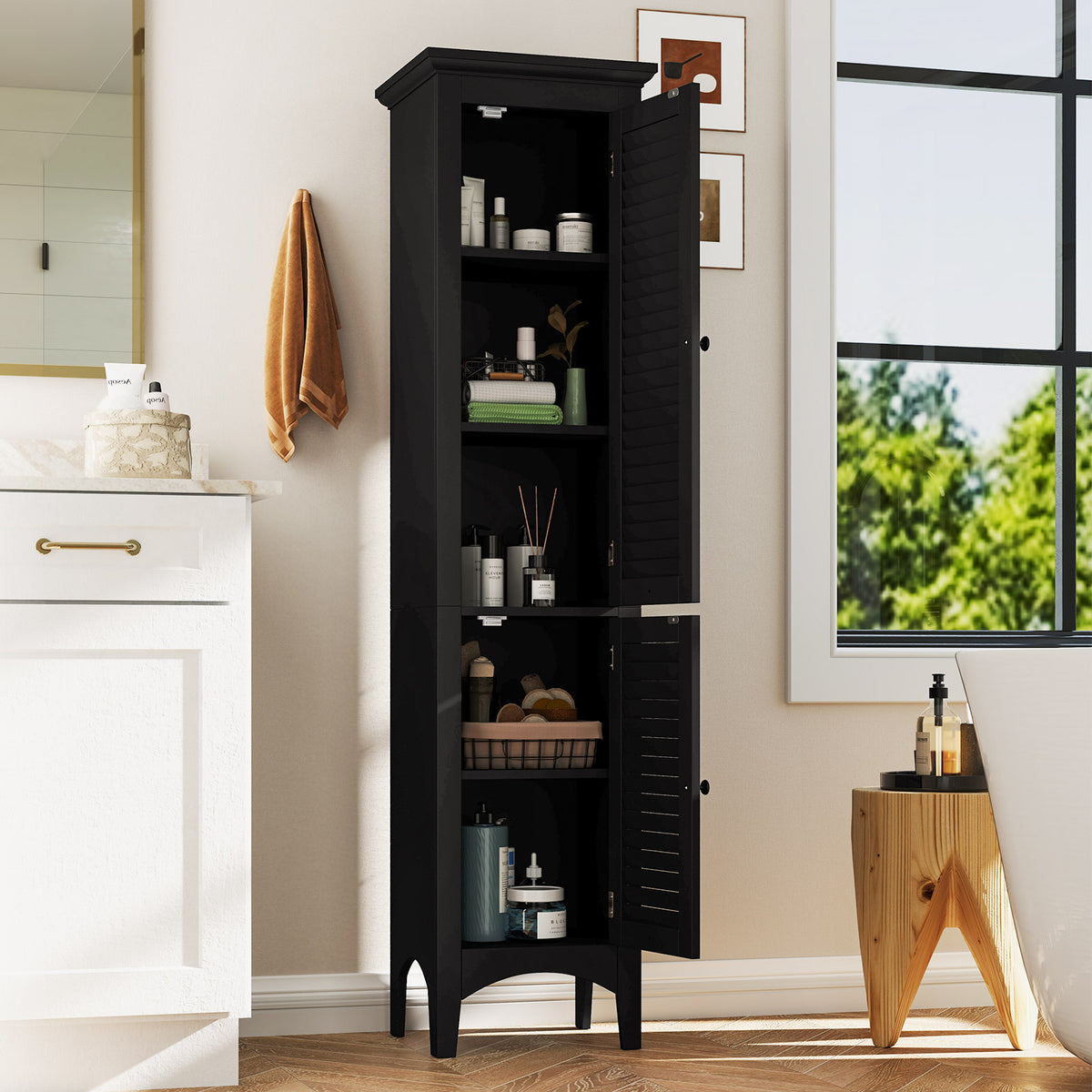 Tall Bathroom Floor Cabinet - Black 63" Shutter Door MDF-Floor Cabinets-DECOROLALA