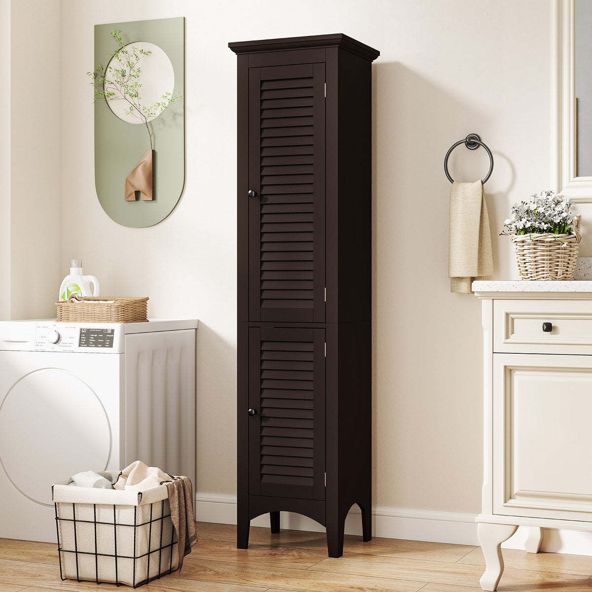 Tall Bathroom Floor Cabinet - Brown 63" Shutter Door MDF-Floor Cabinets-DECOROLALA