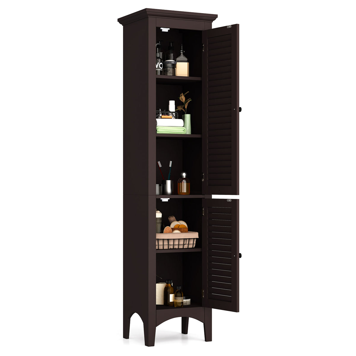 Tall Bathroom Floor Cabinet - Brown 63" Shutter Door MDF-Floor Cabinets-DECOROLALA