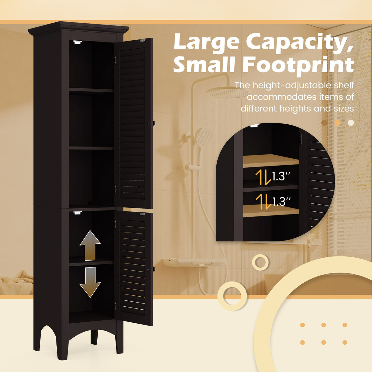 Tall Bathroom Floor Cabinet - Brown 63" Shutter Door MDF-Floor Cabinets-DECOROLALA