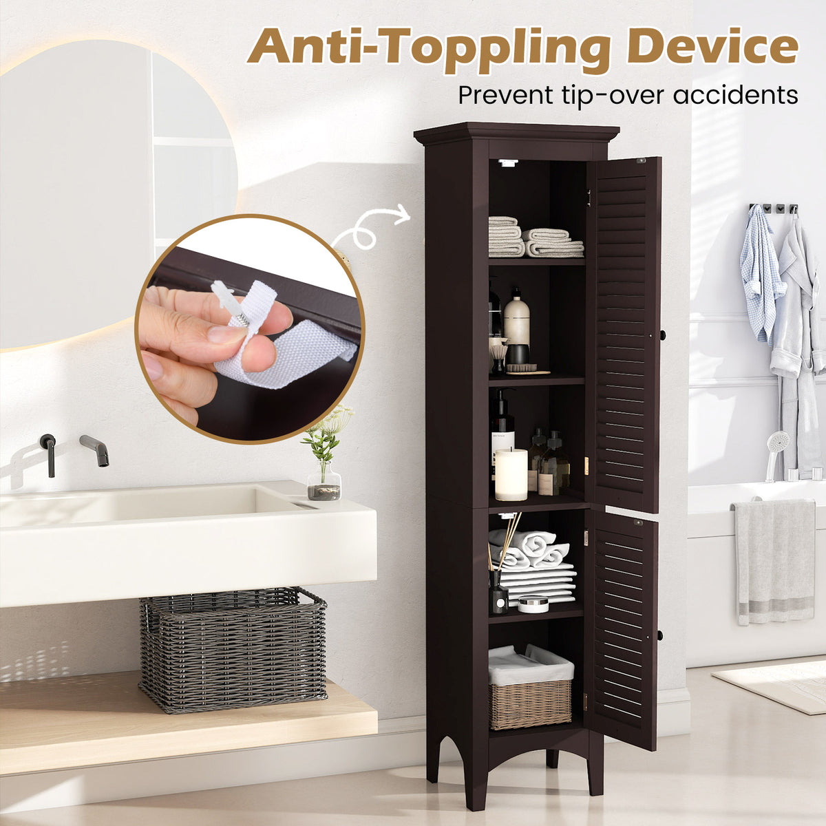 Tall Bathroom Floor Cabinet - Brown 63" Shutter Door MDF-Floor Cabinets-DECOROLALA