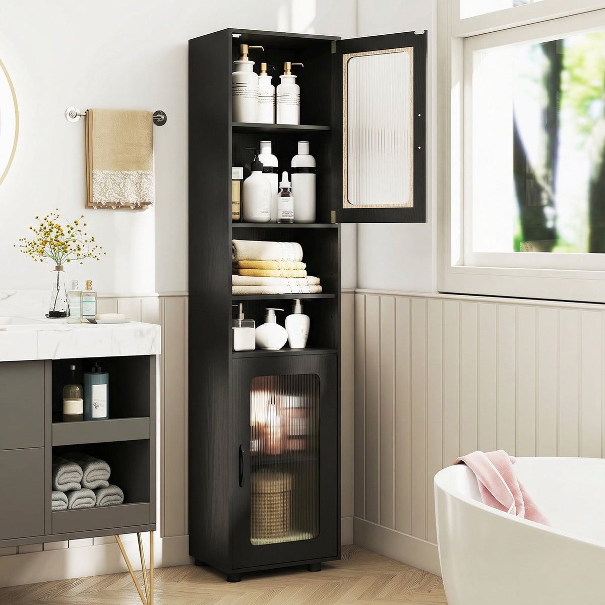 Tall Bathroom Storage Cabinet - 67" Freestanding Black Organizer-Floor Cabinets-DECOROLALA