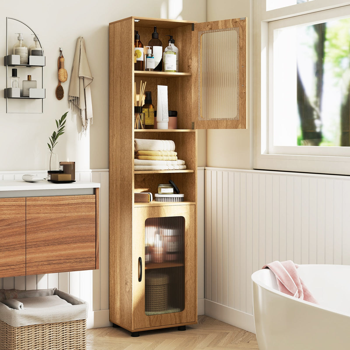 Tall Bathroom Storage Cabinet 67" Freestanding Organizer - Natural-Floor Cabinets-DECOROLALA