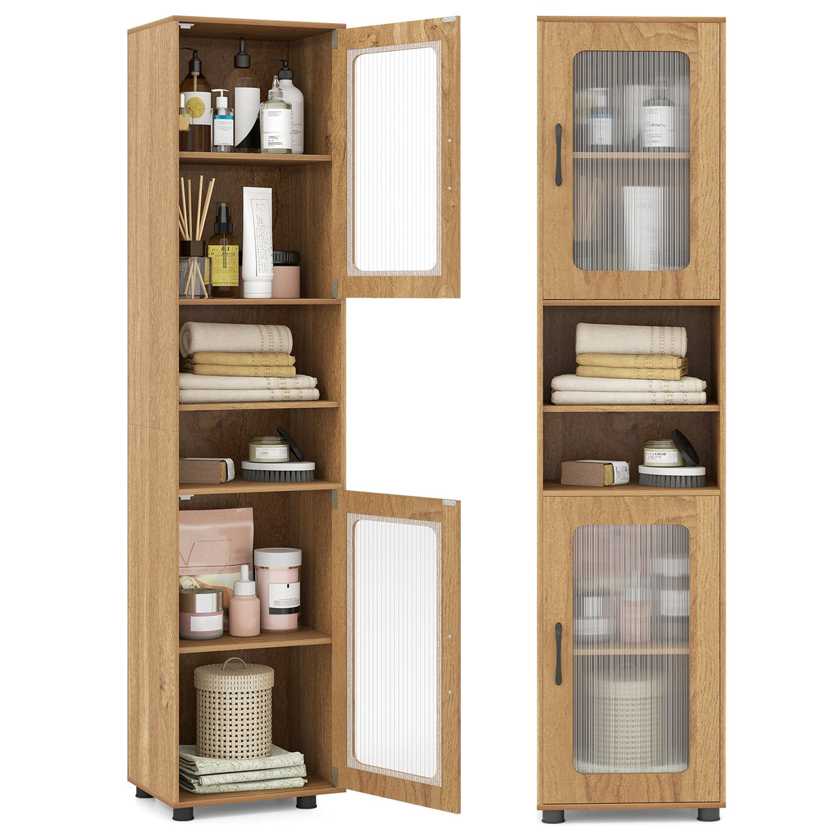Tall Bathroom Storage Cabinet 67" Freestanding Organizer - Natural-Floor Cabinets-DECOROLALA