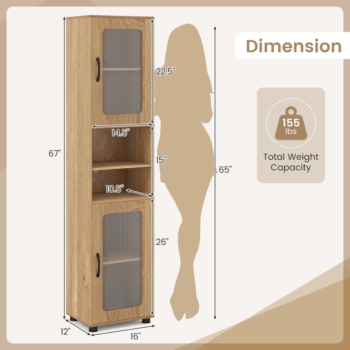 Tall Bathroom Storage Cabinet 67" Freestanding Organizer - Natural-Floor Cabinets-DECOROLALA