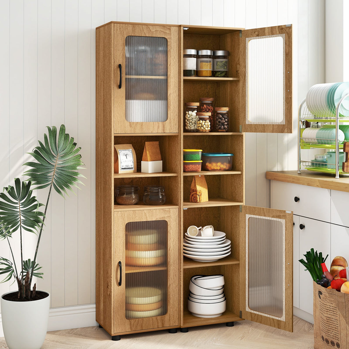 Tall Bathroom Storage Cabinet 67" Freestanding Organizer - Natural-Floor Cabinets-DECOROLALA