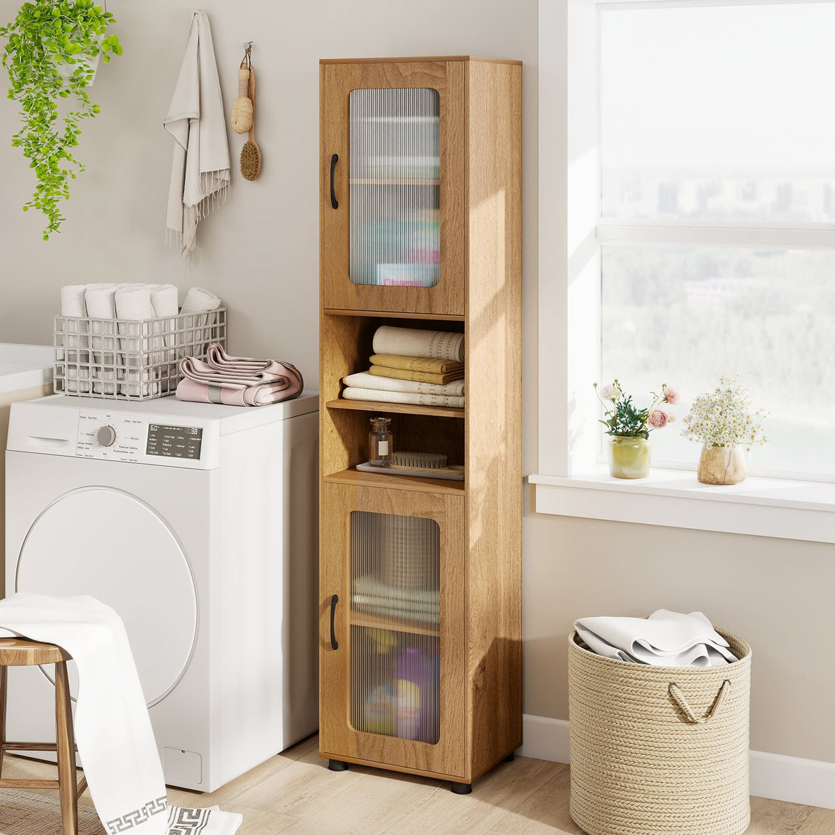 Tall Bathroom Storage Cabinet 67" Freestanding Organizer - Natural-Floor Cabinets-DECOROLALA