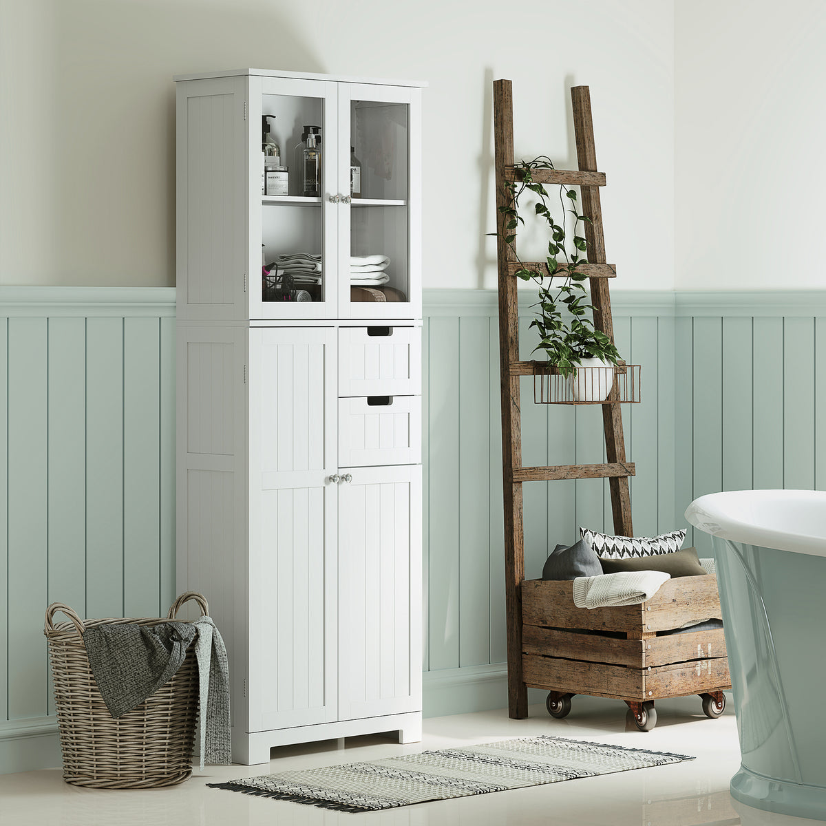 Tall Bathroom Storage Cabinet, Adjustable Shelves, White, Versatile for Kitchen, Living Room-DECOROLALA