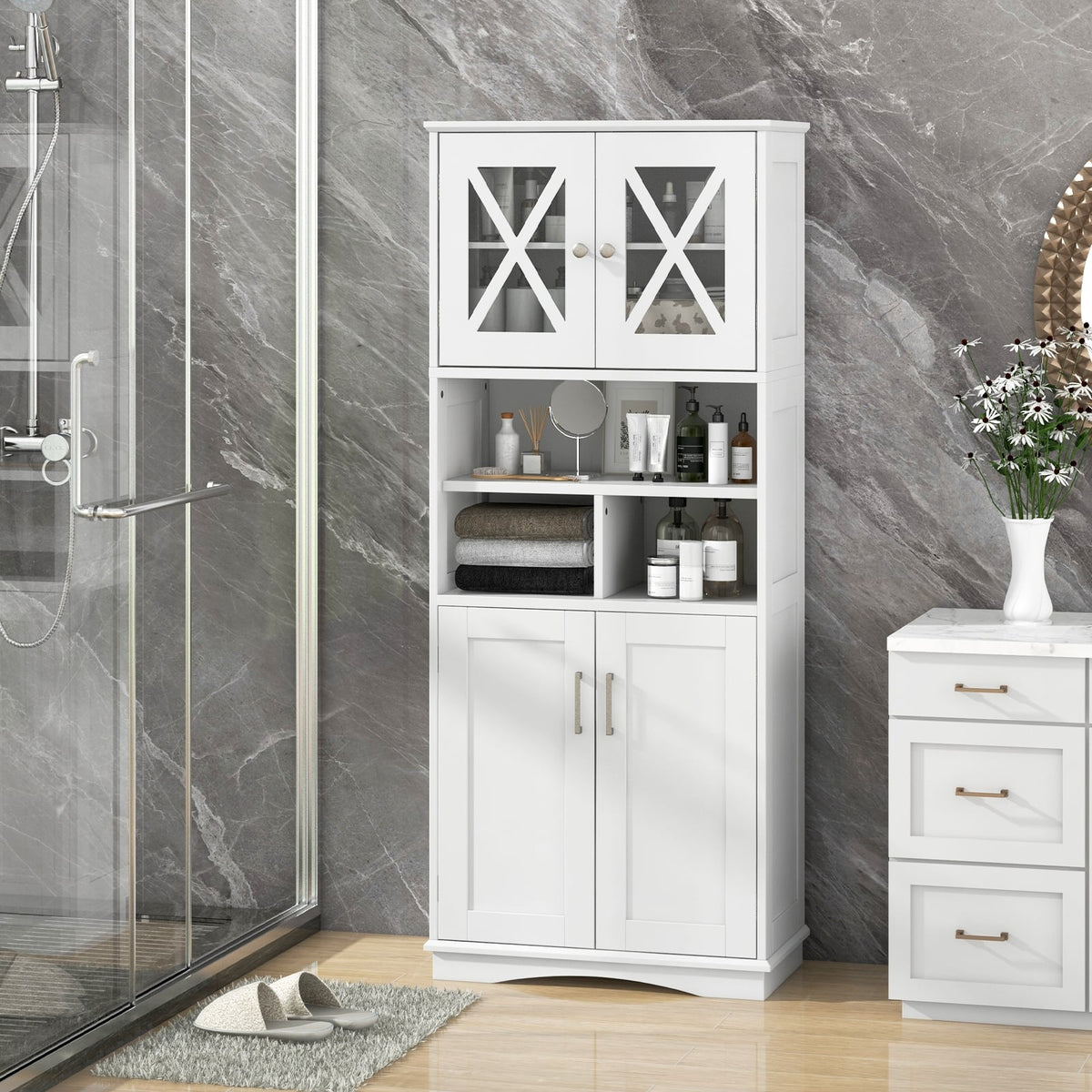 Tall Bathroom Storage Cabinet - White 57" MDF with Acrylic Doors-Floor Cabinets-DECOROLALA