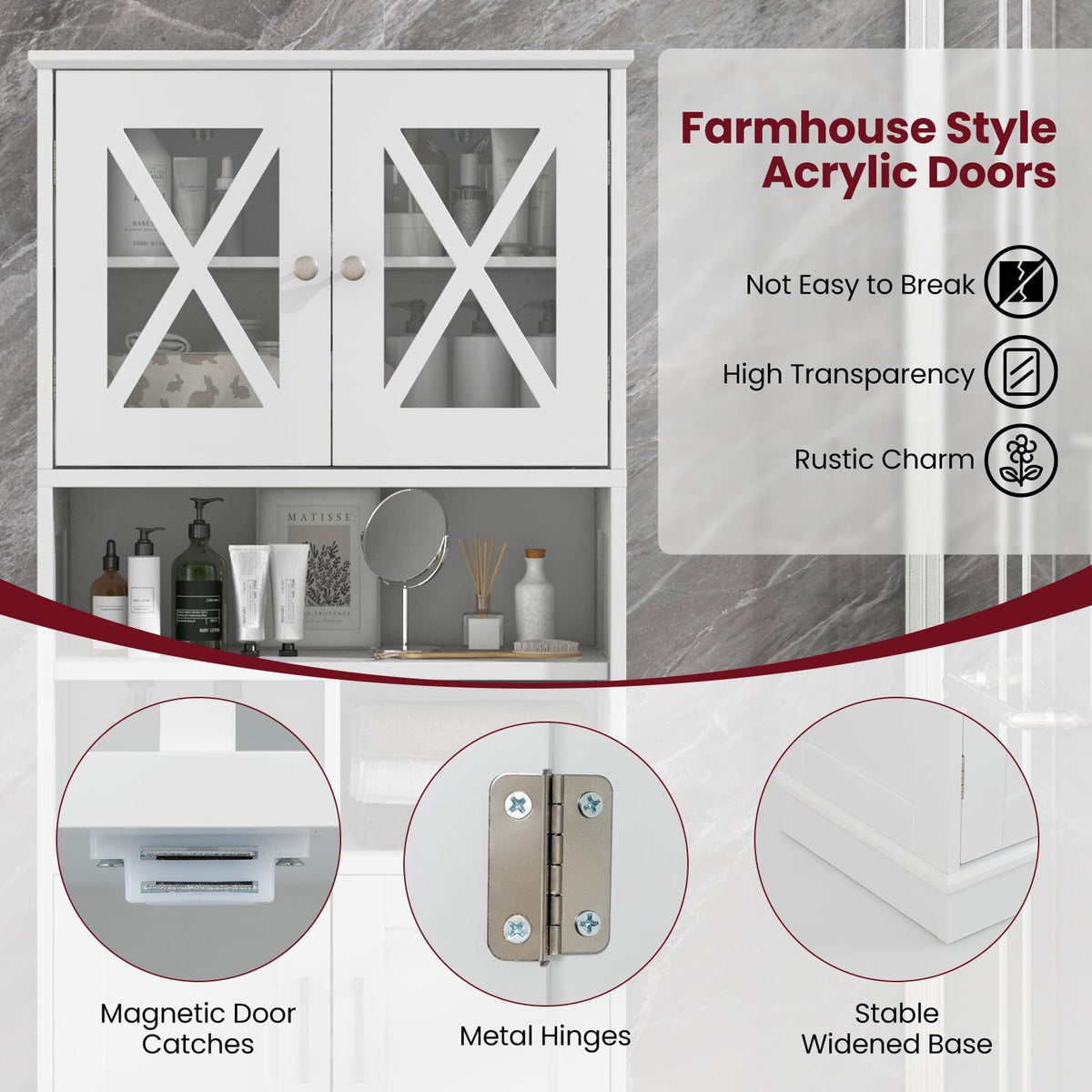 Tall Bathroom Storage Cabinet - White 57" MDF with Acrylic Doors-Floor Cabinets-DECOROLALA