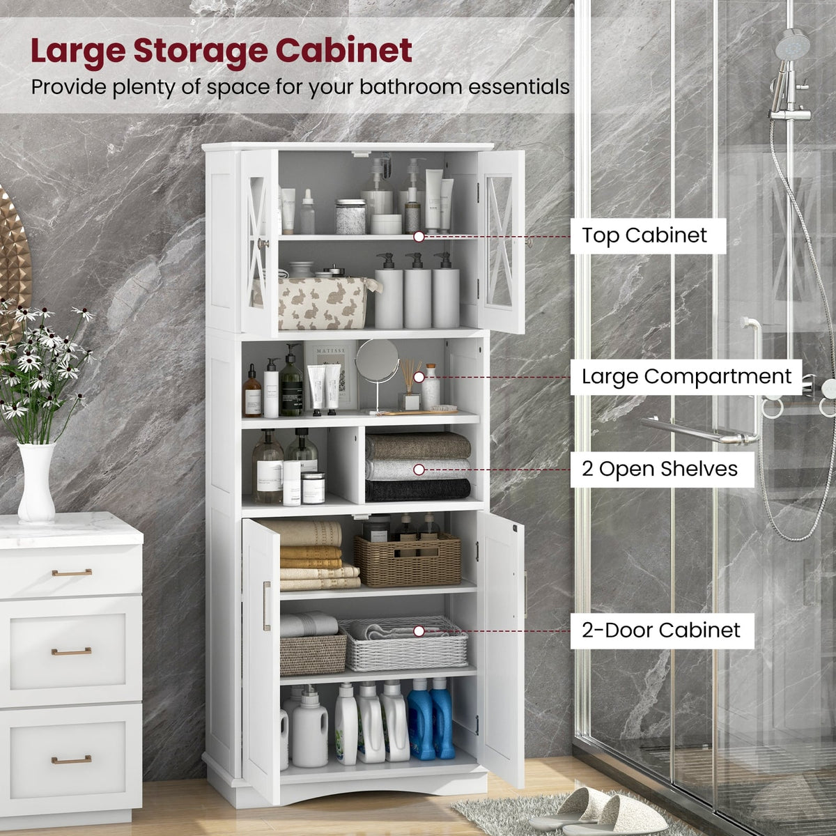 Tall Bathroom Storage Cabinet - White 57" MDF with Acrylic Doors-Floor Cabinets-DECOROLALA