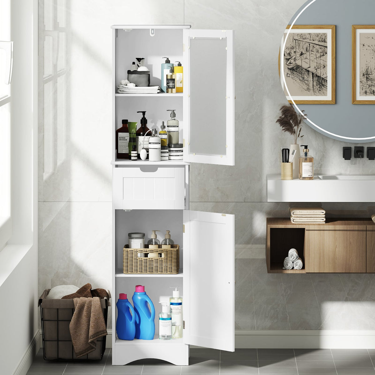 Tall Bathroom Storage Cabinet with 2 Doors and 1 Drawer - White-Floor Cabinets-DECOROLALA