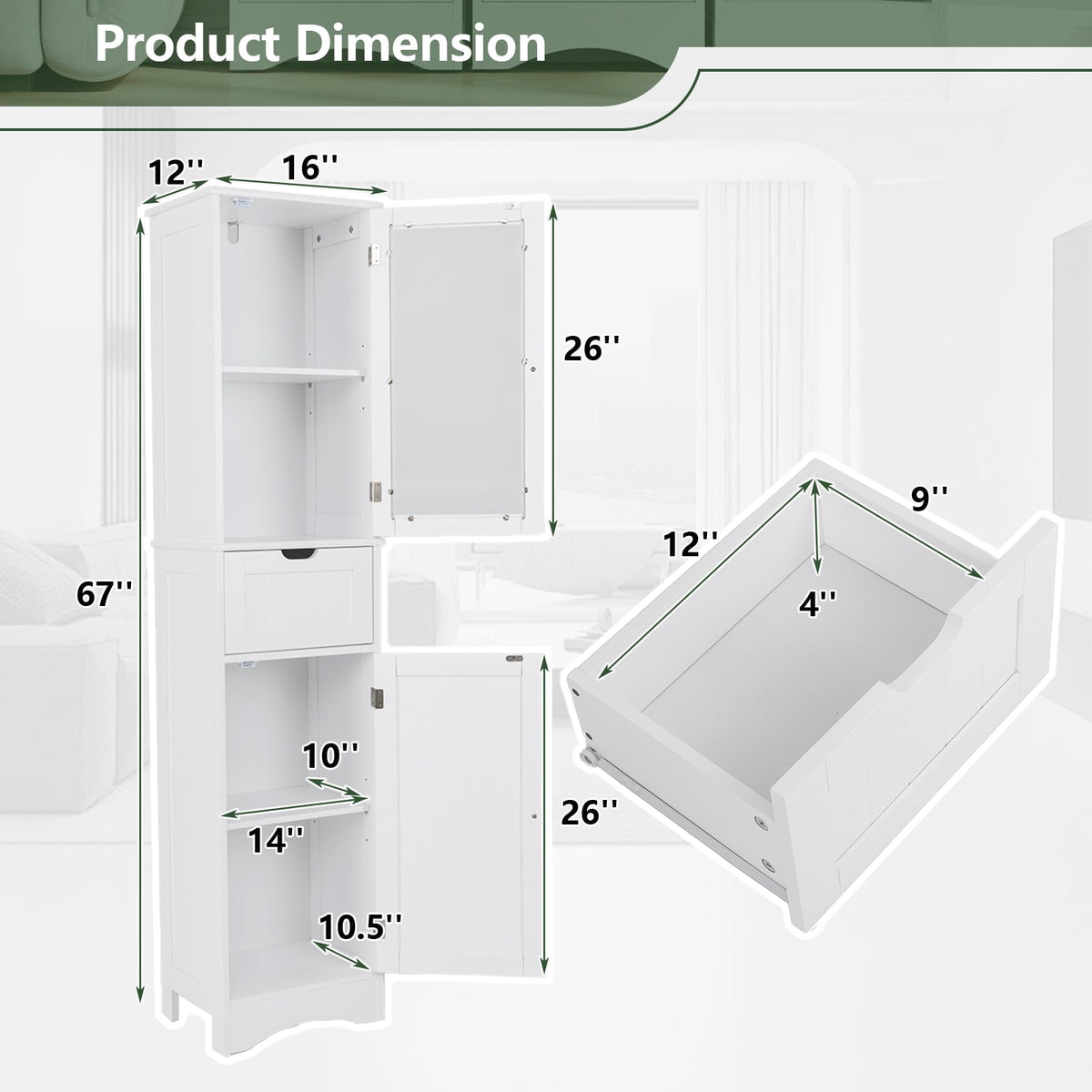 Tall Bathroom Storage Cabinet with 2 Doors and 1 Drawer - White-Floor Cabinets-DECOROLALA