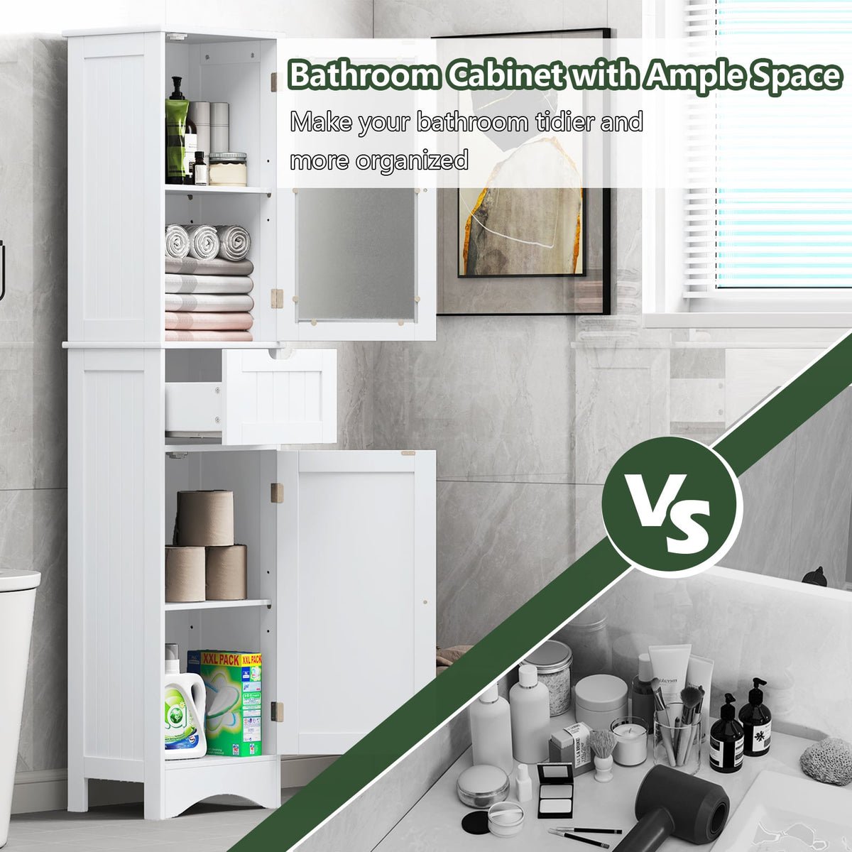 Tall Bathroom Storage Cabinet with 2 Doors and 1 Drawer - White-Floor Cabinets-DECOROLALA