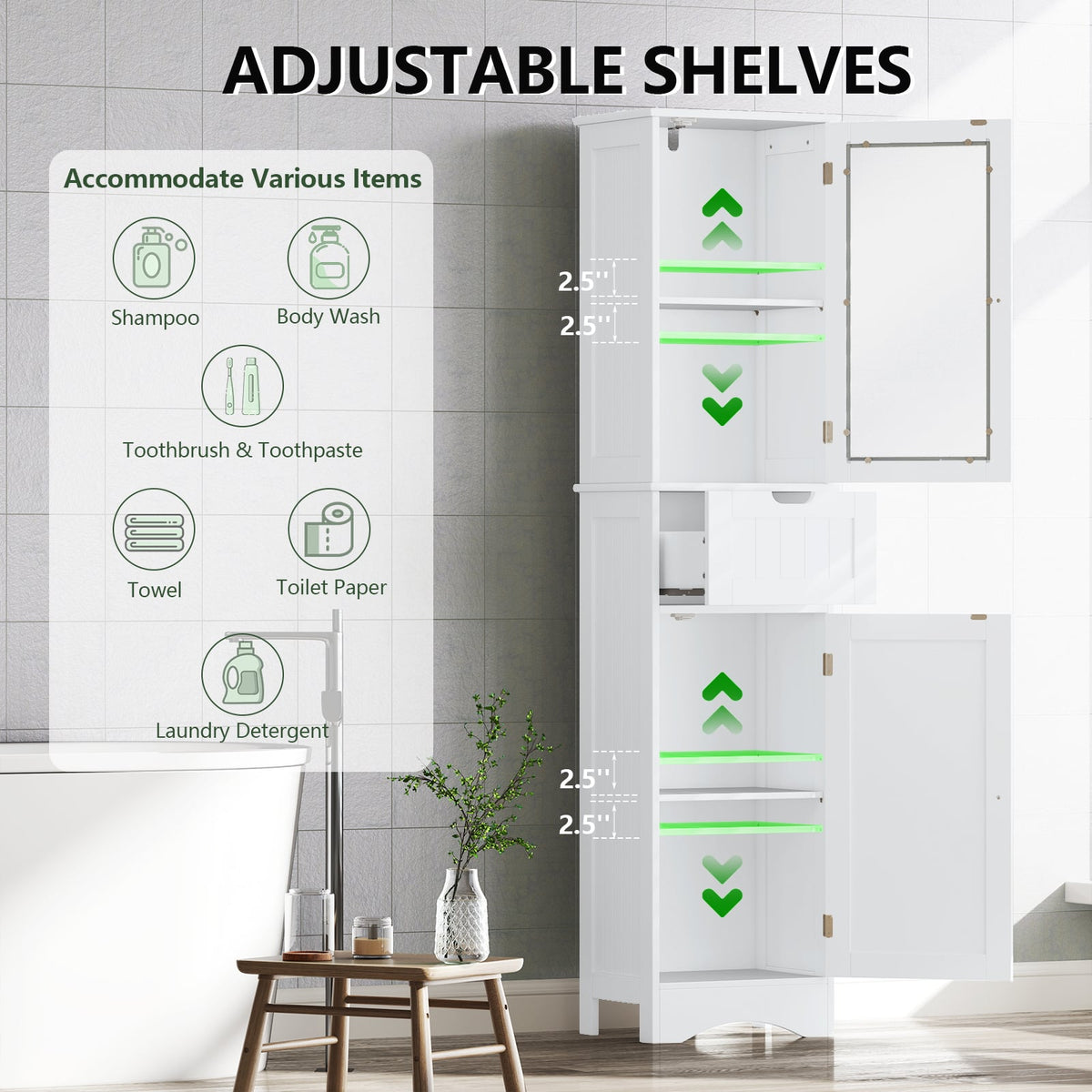 Tall Bathroom Storage Cabinet with 2 Doors and 1 Drawer - White-Floor Cabinets-DECOROLALA