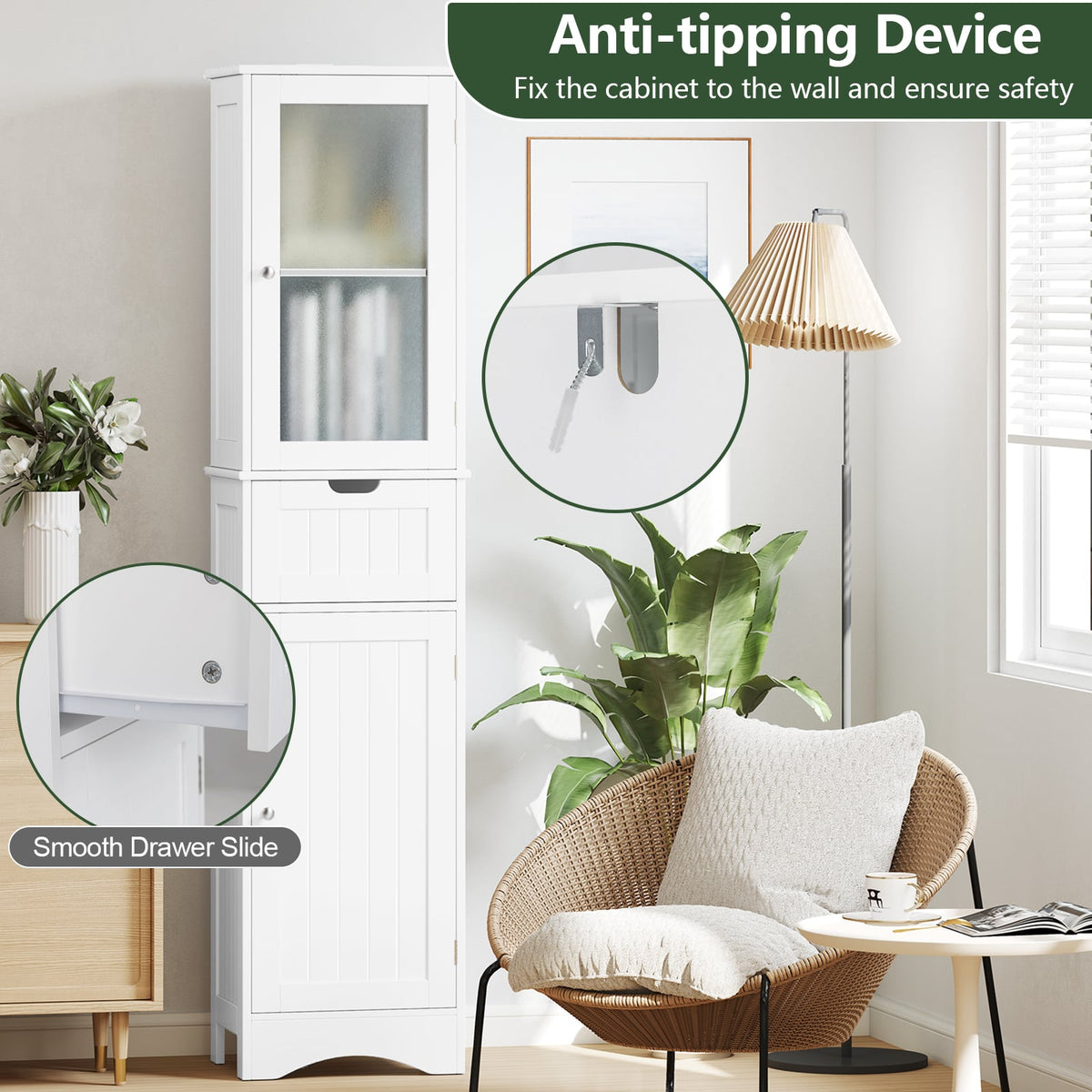 Tall Bathroom Storage Cabinet with 2 Doors and 1 Drawer - White-Floor Cabinets-DECOROLALA