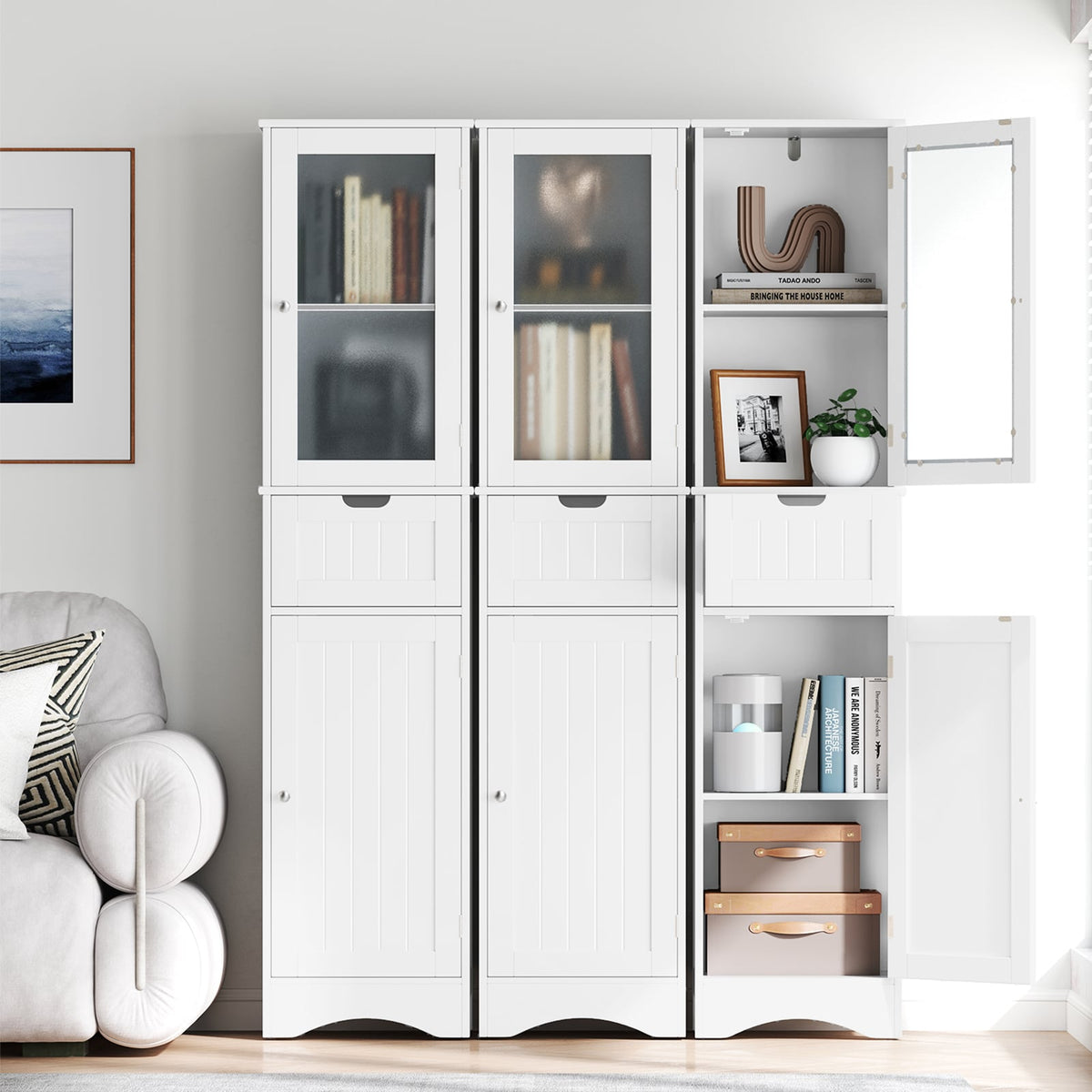 Tall Bathroom Storage Cabinet with 2 Doors and 1 Drawer - White-Floor Cabinets-DECOROLALA