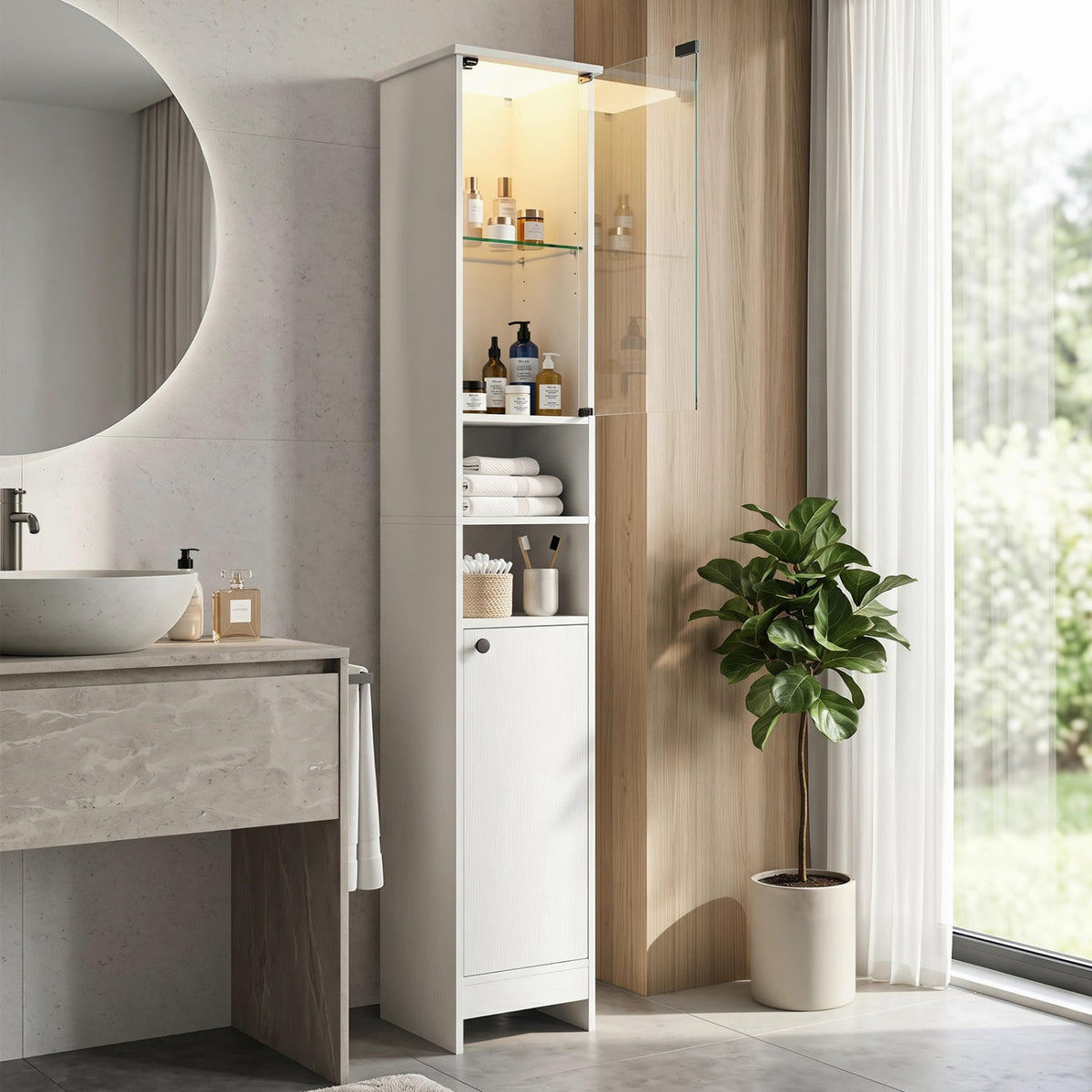 Tall Bathroom Storage Cabinet with LED Lights - White 12"x12"x67"-Floor Cabinets-DECOROLALA