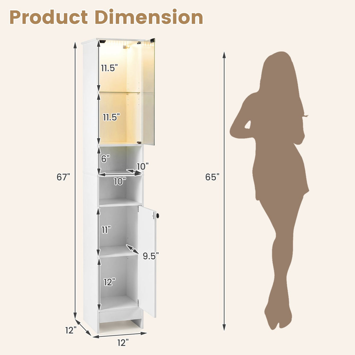 Tall Bathroom Storage Cabinet with LED Lights - White 12"x12"x67"-Floor Cabinets-DECOROLALA