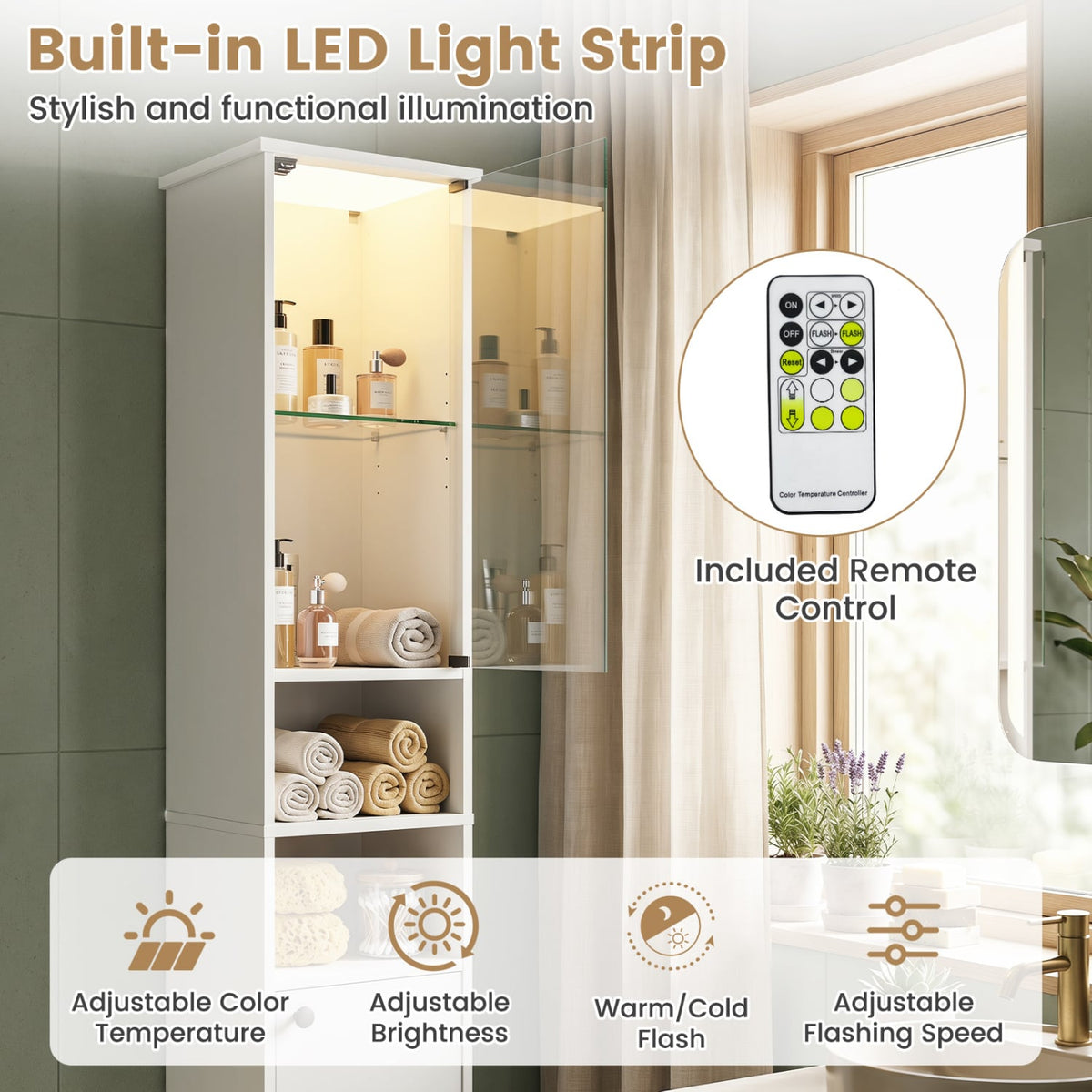 Tall Bathroom Storage Cabinet with LED Lights - White 12"x12"x67"-Floor Cabinets-DECOROLALA