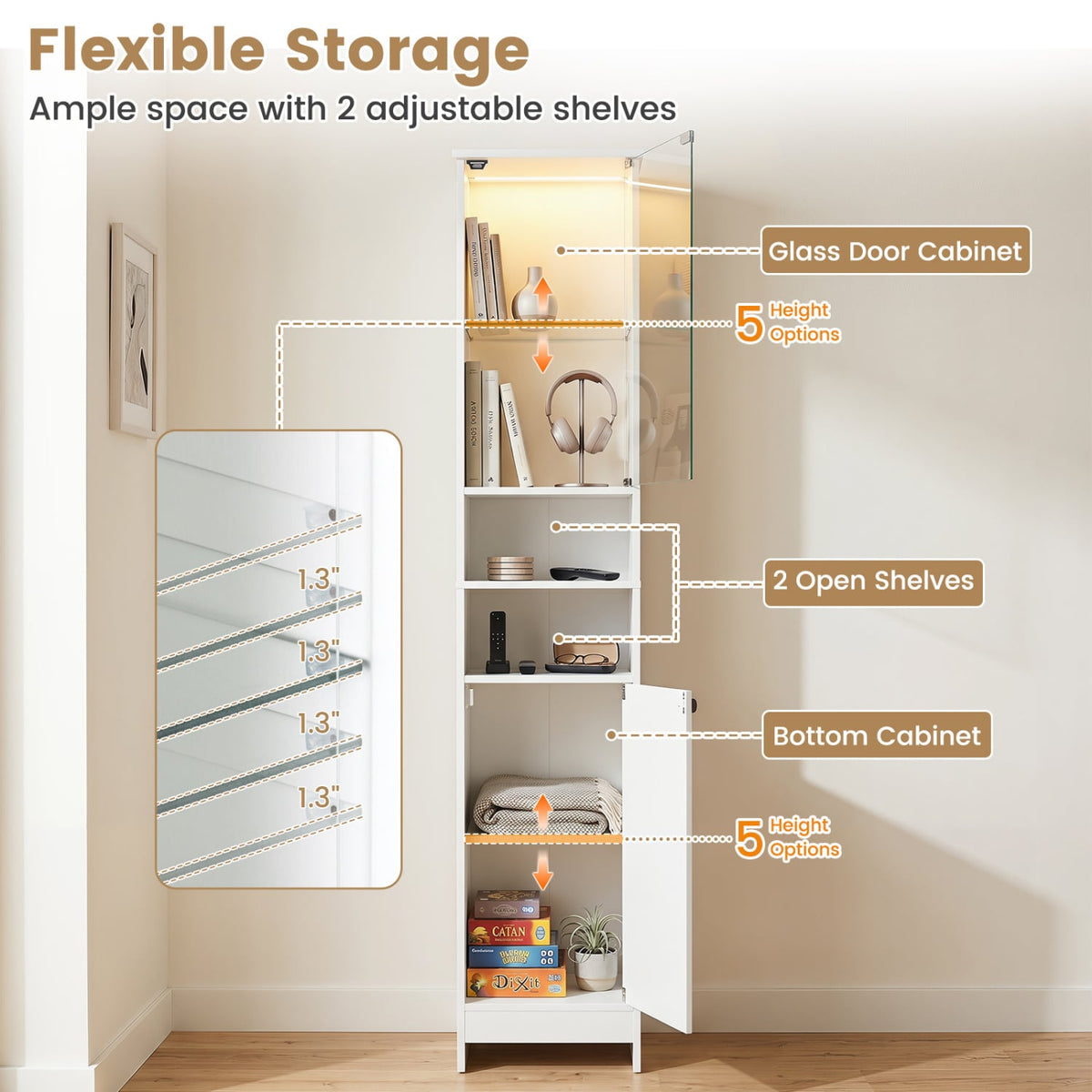 Tall Bathroom Storage Cabinet with LED Lights - White 12"x12"x67"-Floor Cabinets-DECOROLALA