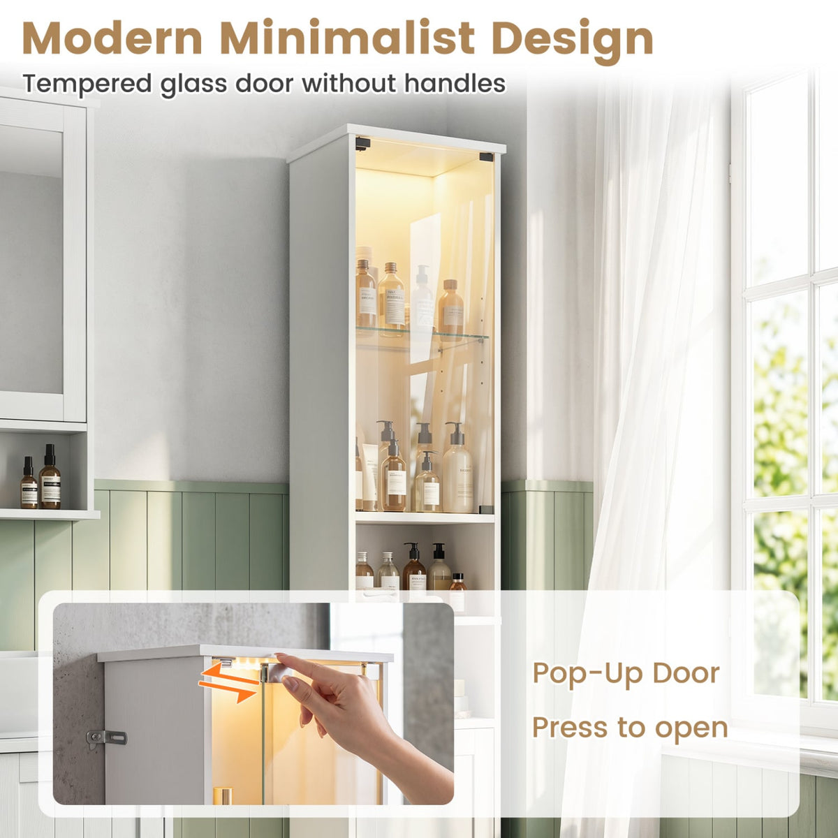 Tall Bathroom Storage Cabinet with LED Lights - White 12"x12"x67"-Floor Cabinets-DECOROLALA