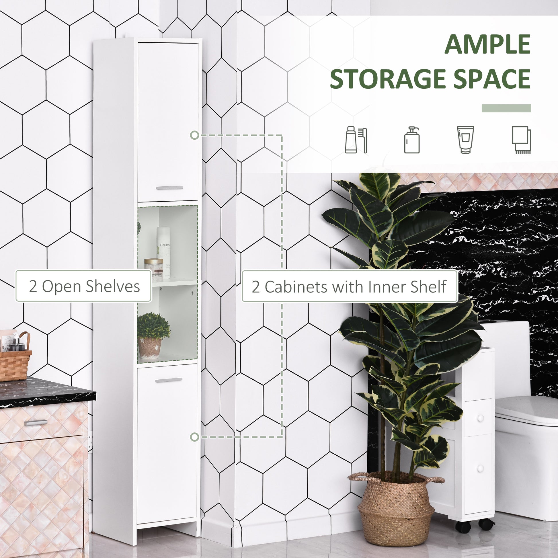 Tall Bathroom Vanities, Narrow Bathroom Cabinets with 2 Doors, Open Compartment and Adjustable Shelves, White-Home Furnishings > Bedding & Bath > Bathroom Cabinets > Freestanding Bathroom Cabinets-DECOROLALA