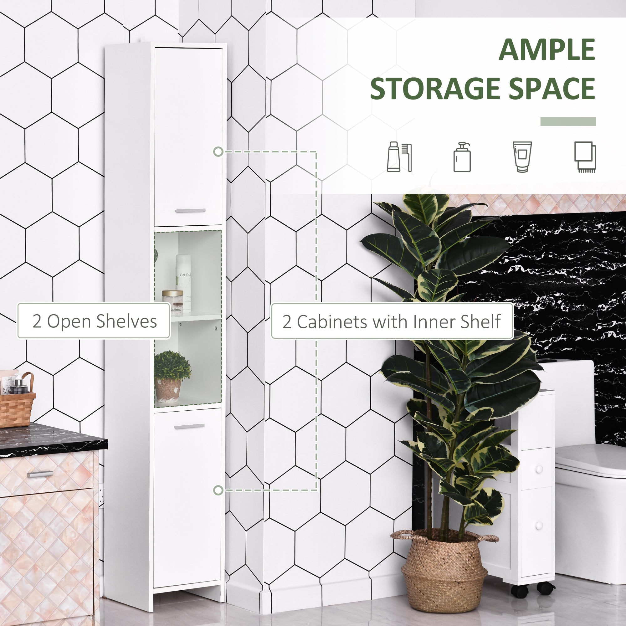 Tall Bathroom Vanities, Narrow Bathroom Cabinets with 2 Doors, Open Compartment and Adjustable Shelves, White-Home Furnishings > Bedding & Bath > Bathroom Cabinets > Freestanding Bathroom Cabinets-DECOROLALA