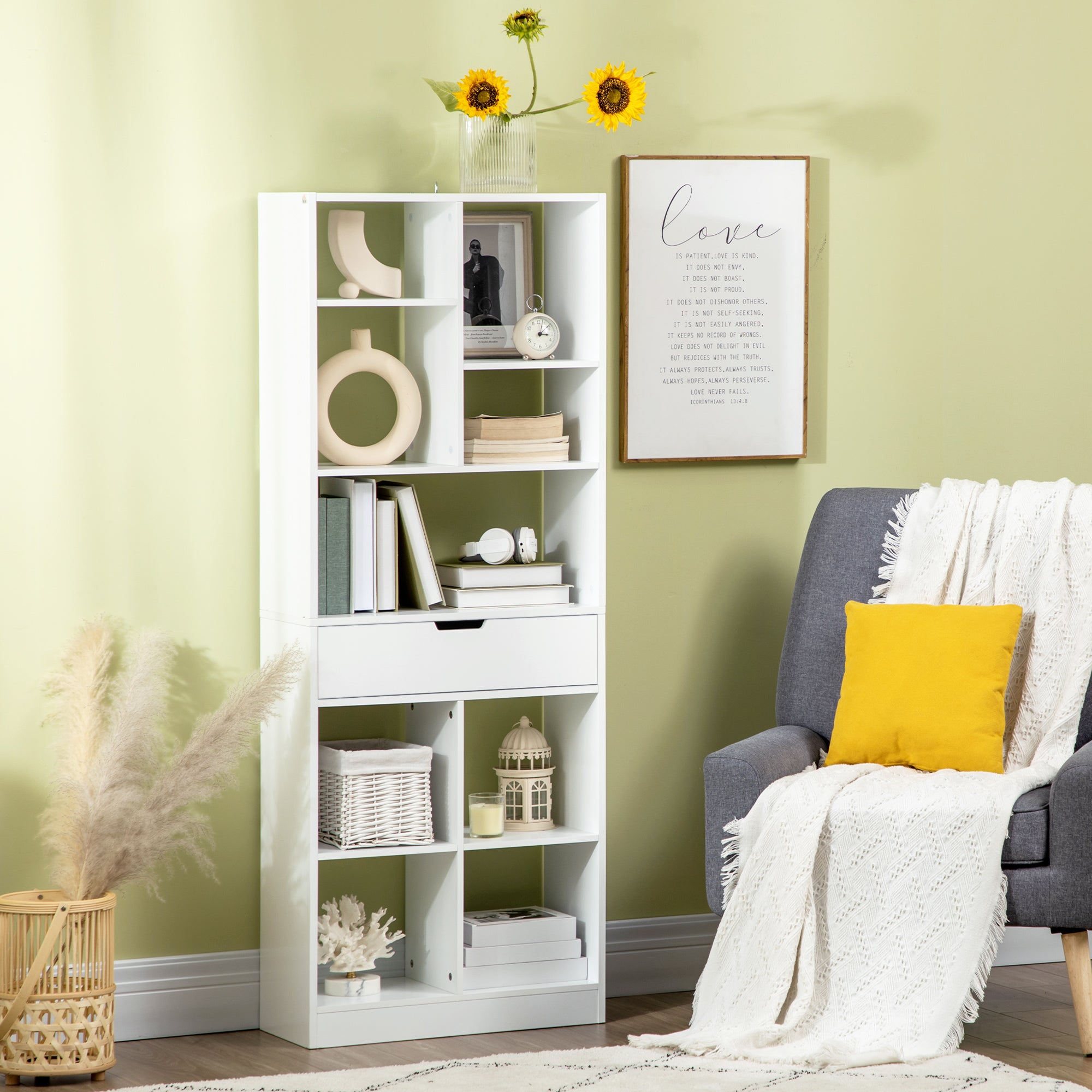 Tall Bookshelf with Drawer, Freestanding Bookcase for Bedroom, Living Room, Home Office, White-Home Furnishings > Storage & Organization > Bookshelves & Bookcases > White Bookshelves-DECOROLALA