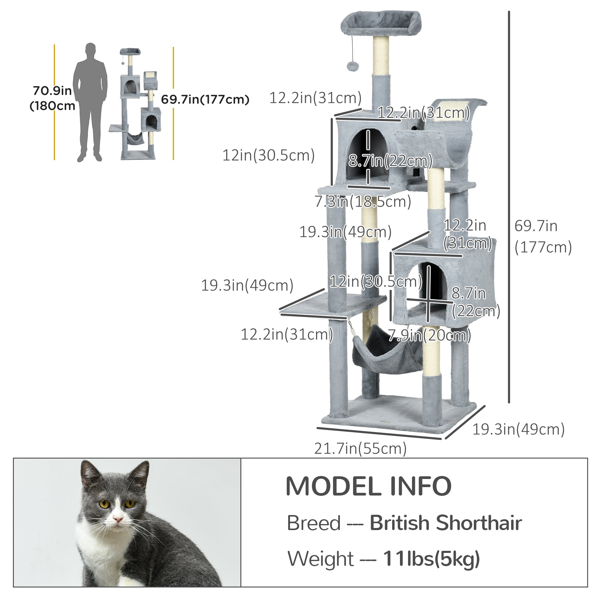 Tall Cat Tree for Indoor Cats, 70" Multi-Level Cat Tower with Hammock, Cat Bed, Cat Condo with Sisal Scratching Posts, Bluish Grey-Cats-DECOROLALA