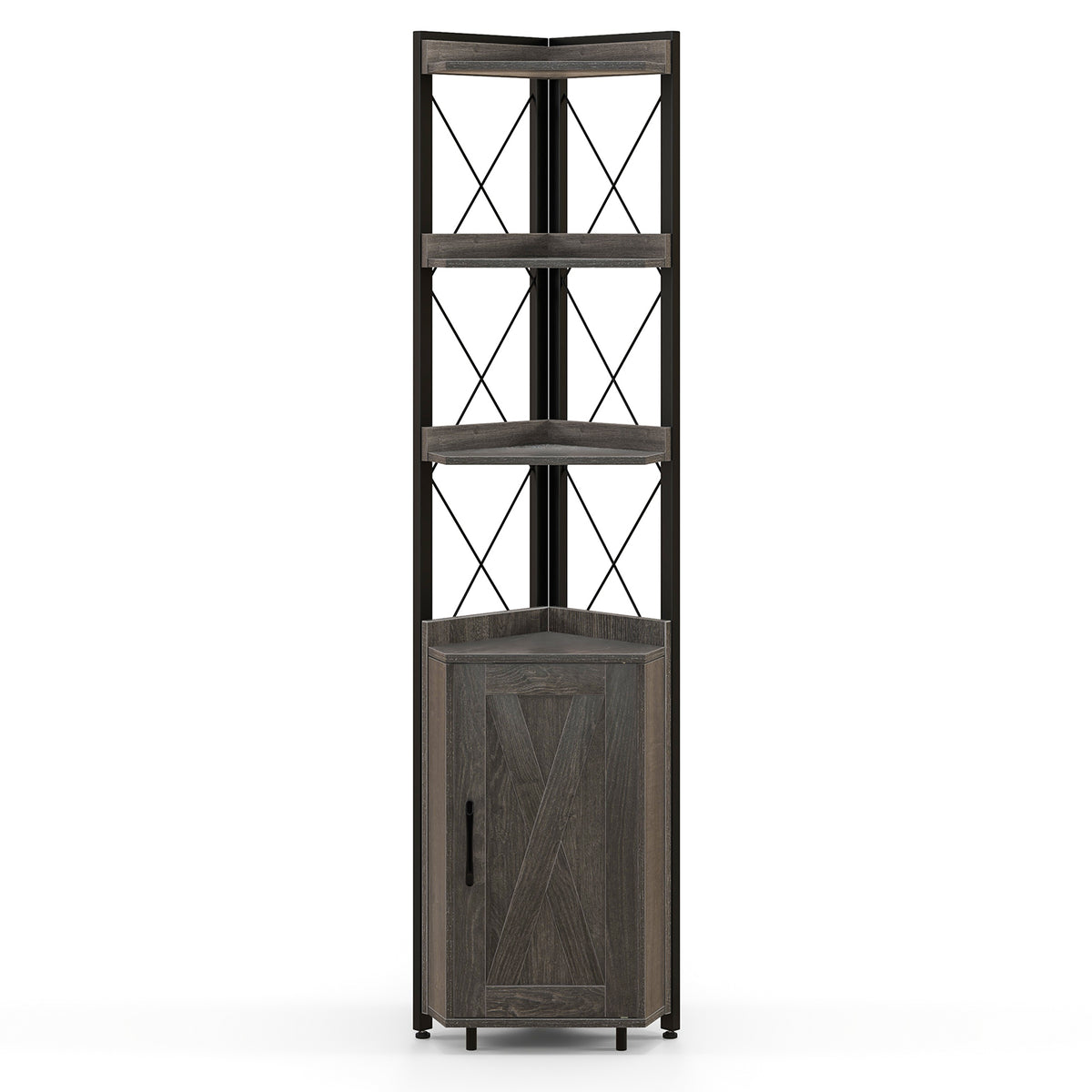 Tall Corner Storage Cabinet with 3-Tier Shelf and Enclosed Cabinet-Gray-Bookcases-DECOROLALA