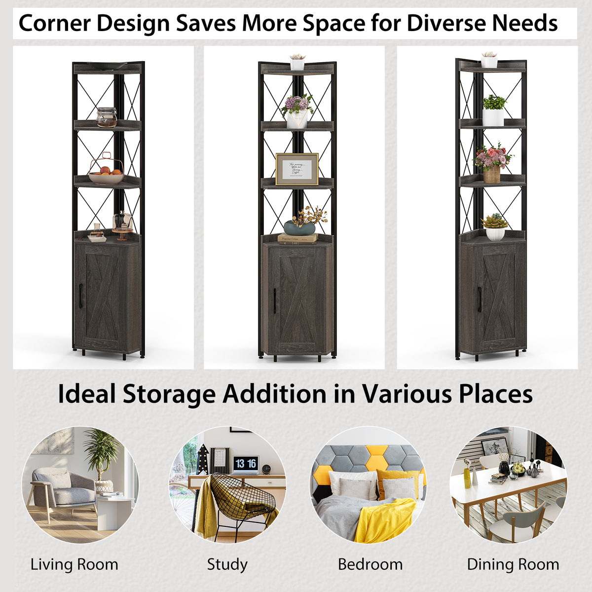 Tall Corner Storage Cabinet with 3-Tier Shelf and Enclosed Cabinet-Gray-Bookcases-DECOROLALA