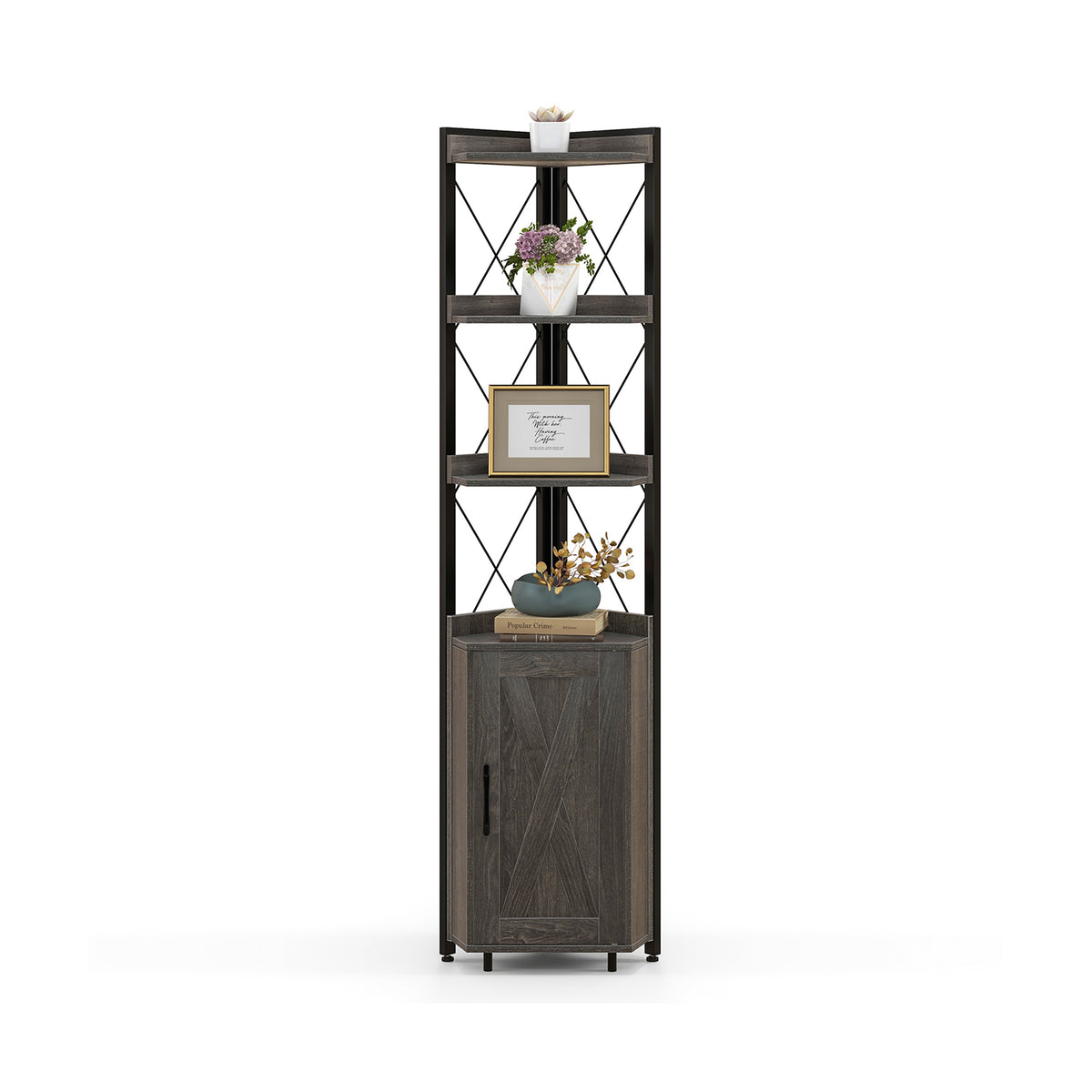 Tall Corner Storage Cabinet with 3-Tier Shelf and Enclosed Cabinet-Gray-Bookcases-DECOROLALA