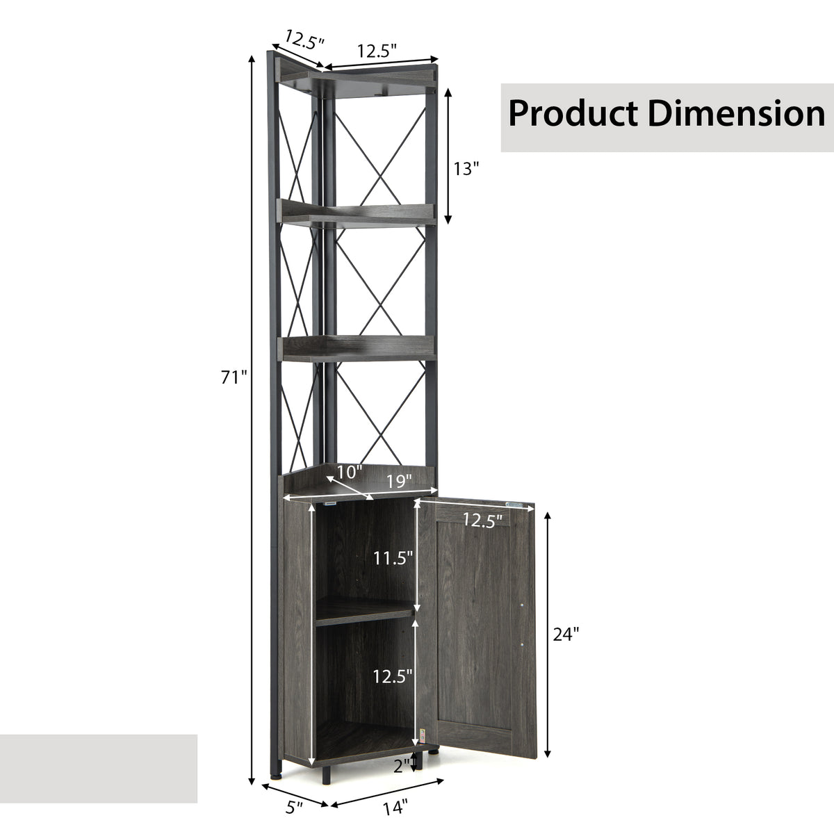 Tall Corner Storage Cabinet with 3-Tier Shelf and Enclosed Cabinet-Gray-Bookcases-DECOROLALA