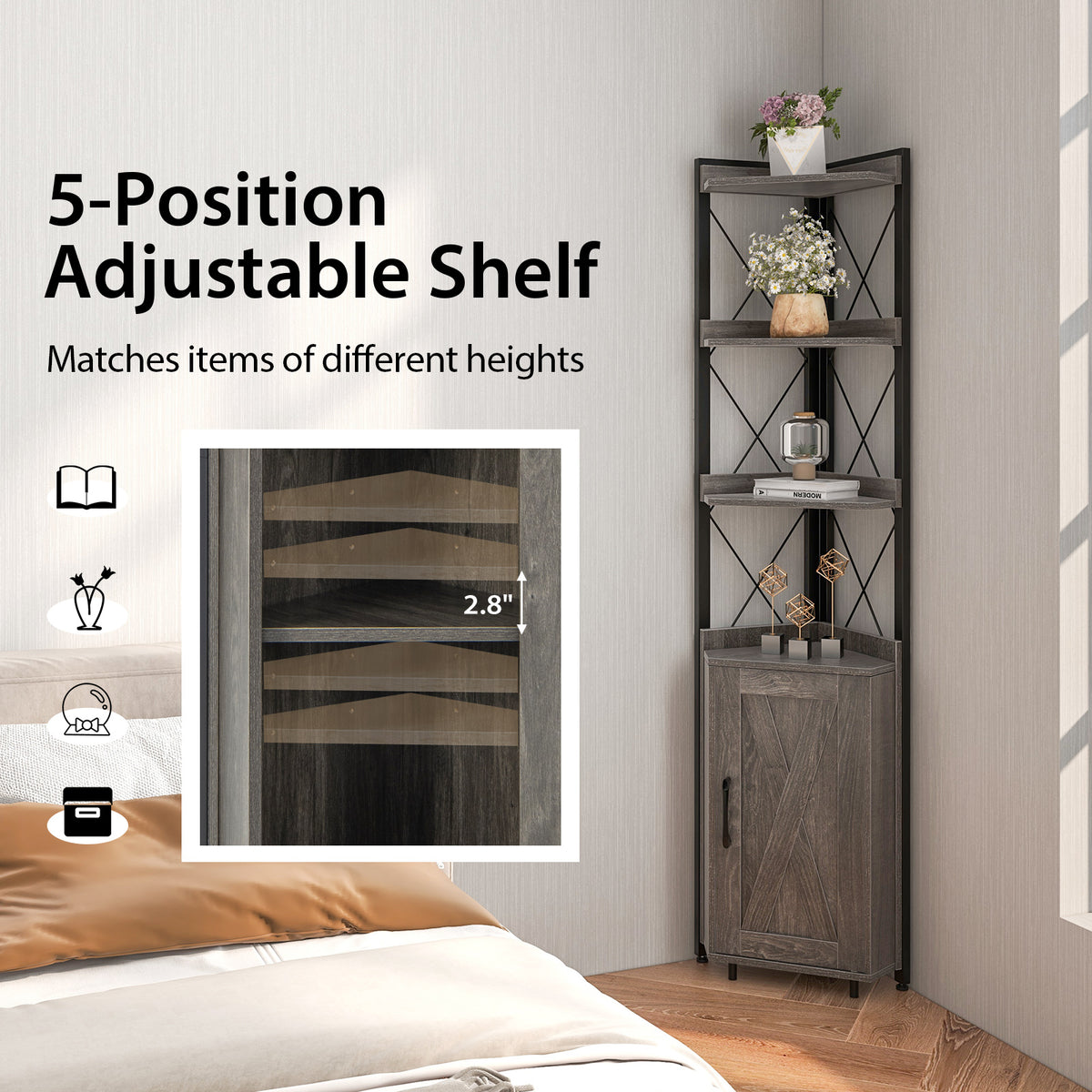 Tall Corner Storage Cabinet with 3-Tier Shelf and Enclosed Cabinet-Gray-Bookcases-DECOROLALA