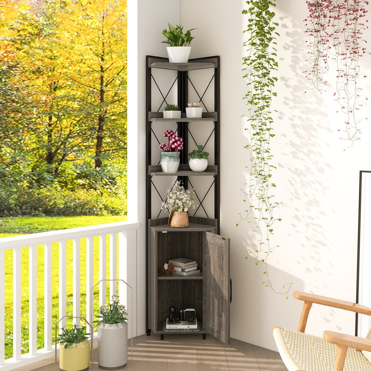Tall Corner Storage Cabinet with 3-Tier Shelf and Enclosed Cabinet-Gray-Bookcases-DECOROLALA