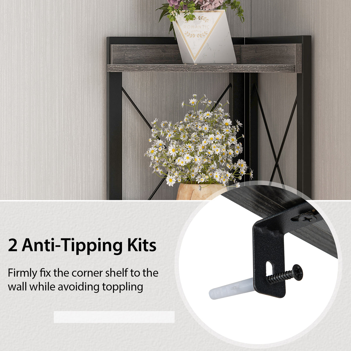 Tall Corner Storage Cabinet with 3-Tier Shelf and Enclosed Cabinet-Gray-Bookcases-DECOROLALA